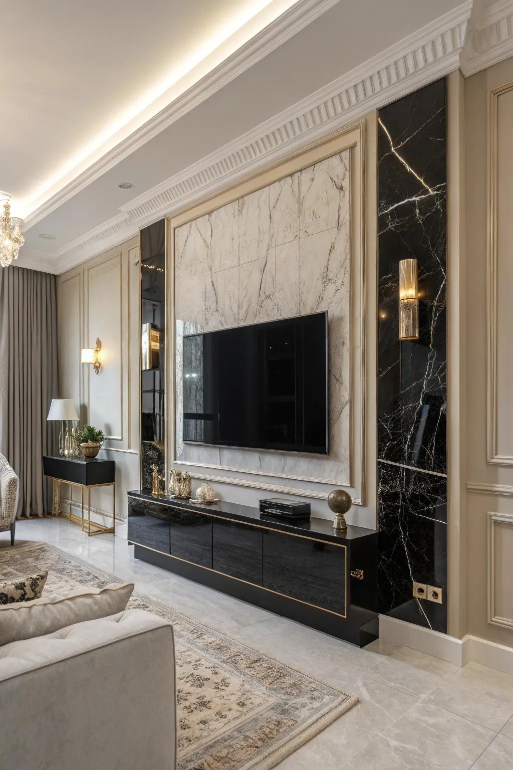 Marble features bring a hint of opulence to this refined TV wall.