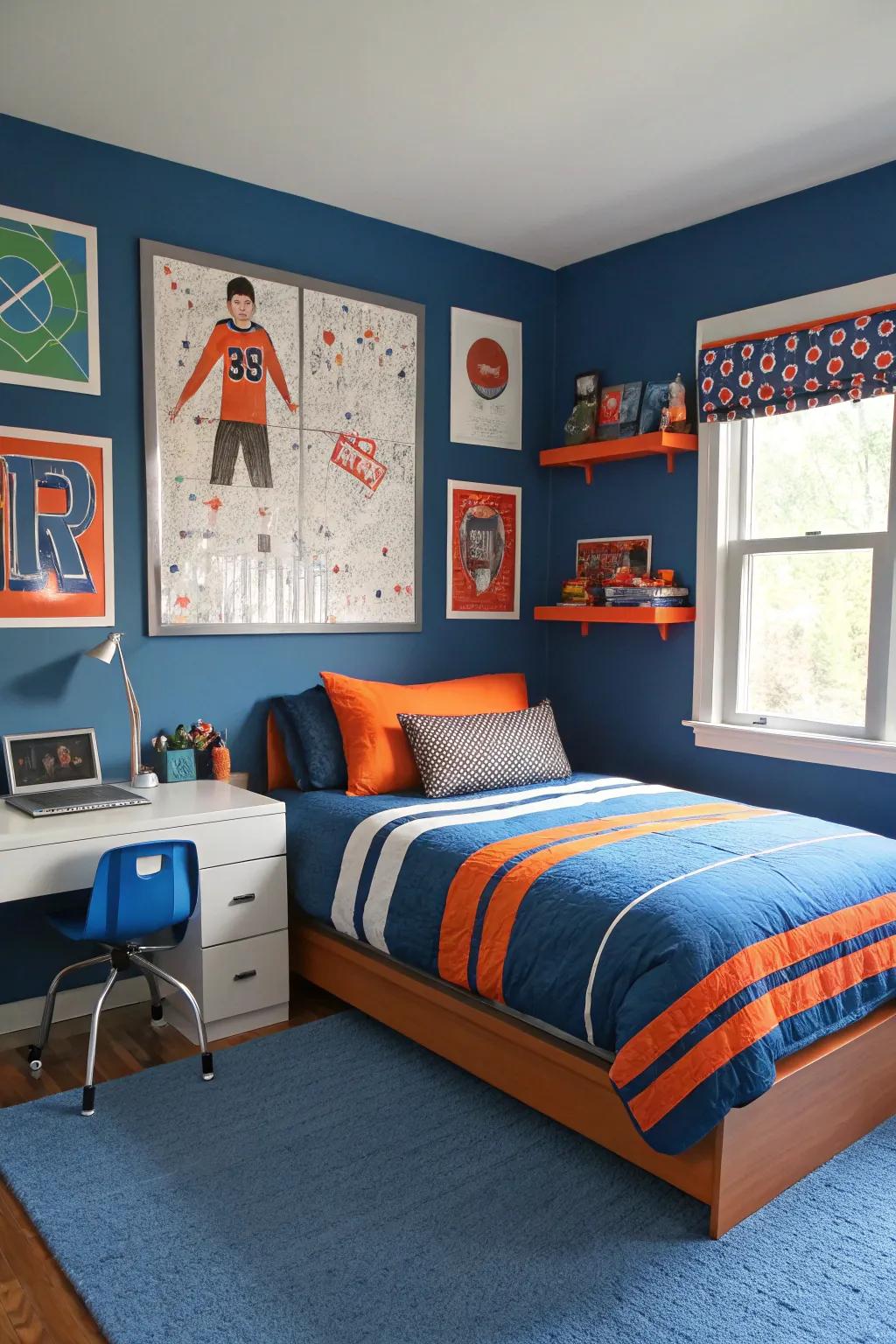 A lively bedroom using a bold color palette of blue and orange.