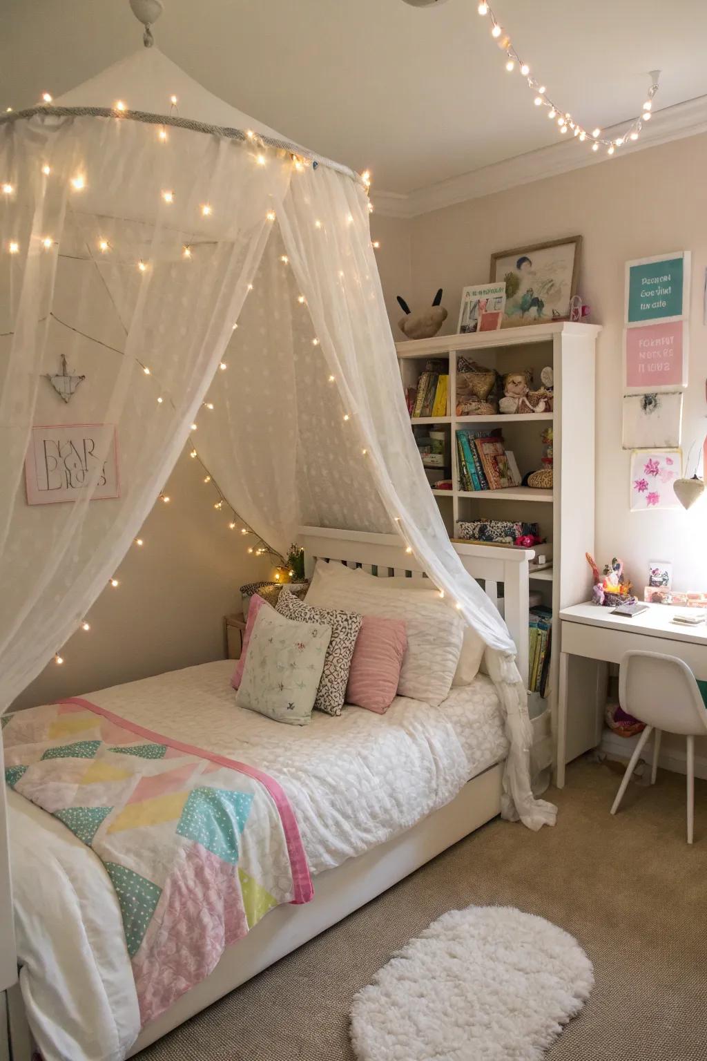 A cozy bed enhanced by a whimsical canopy and starlight.