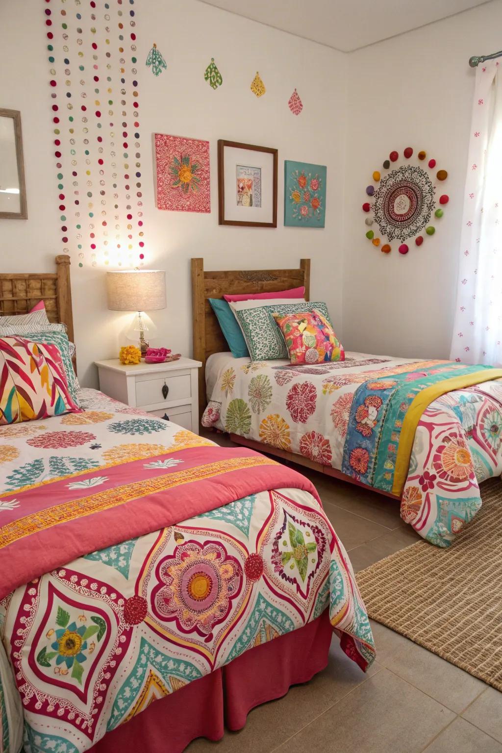 Bold and colorful bedding injects personality into the twin room.