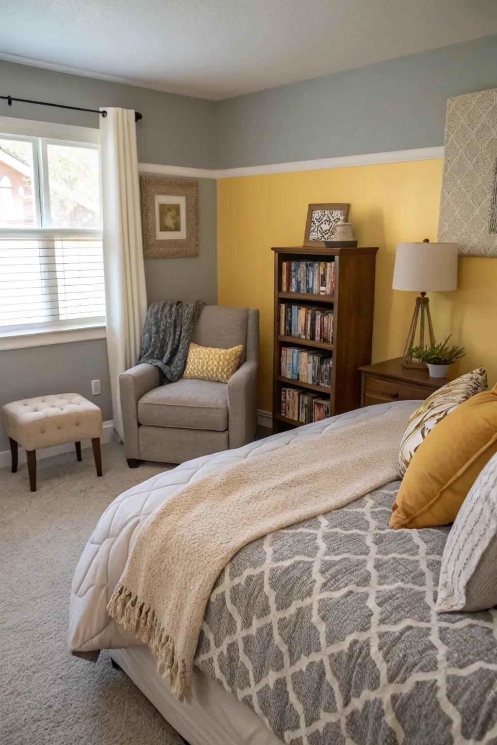 A bedroom adorned with soft gray and muted yellow walls, presenting a serene and welcoming atmosphere.