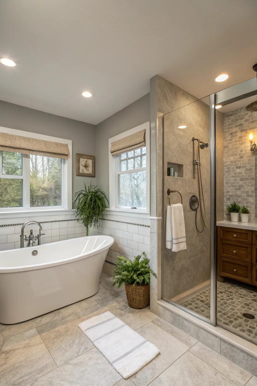 A tranquil bathroom showcasing a delicate gray and white two-tone wall arrangement.