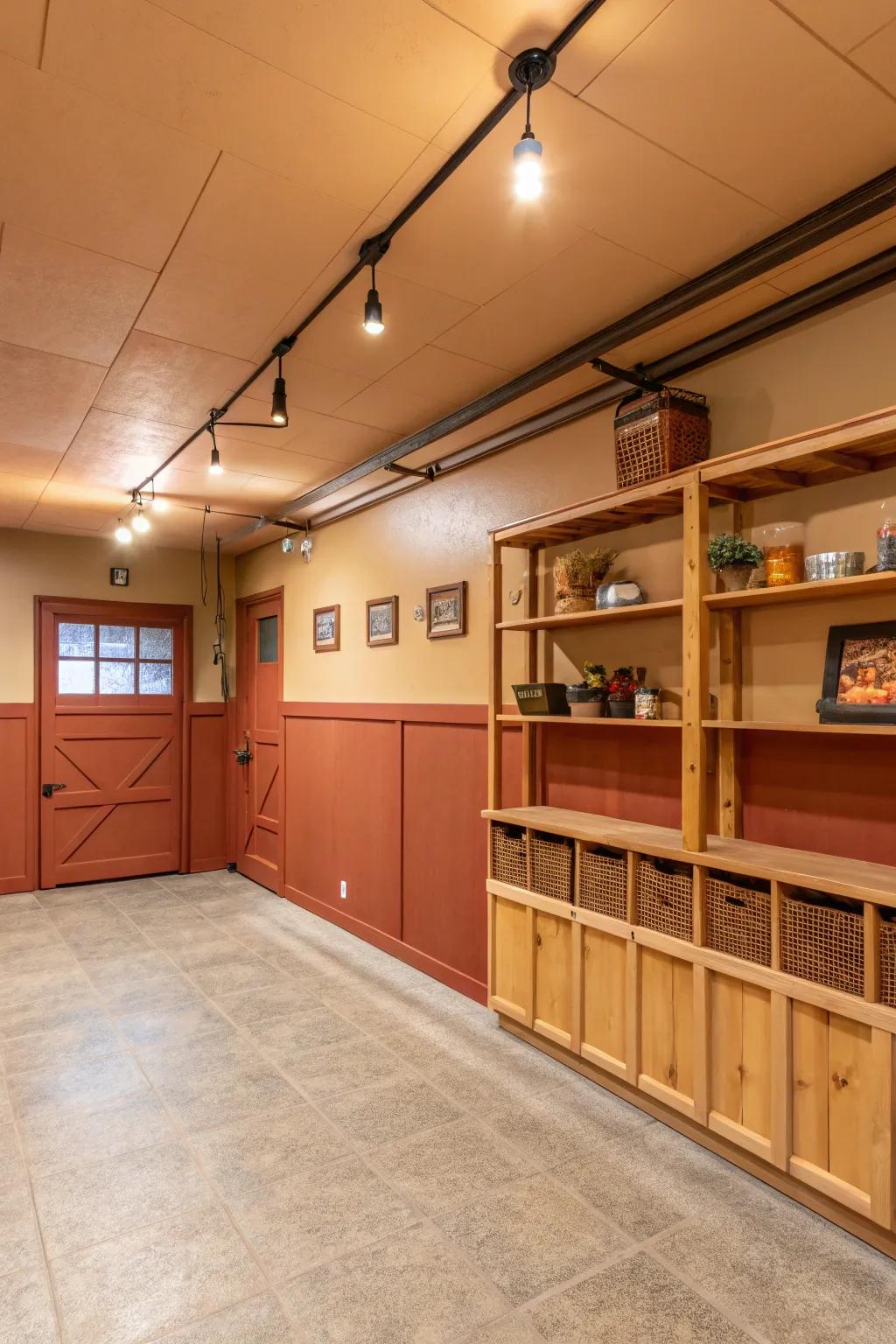 Earthy shades create an inviting and cozy garage environment.