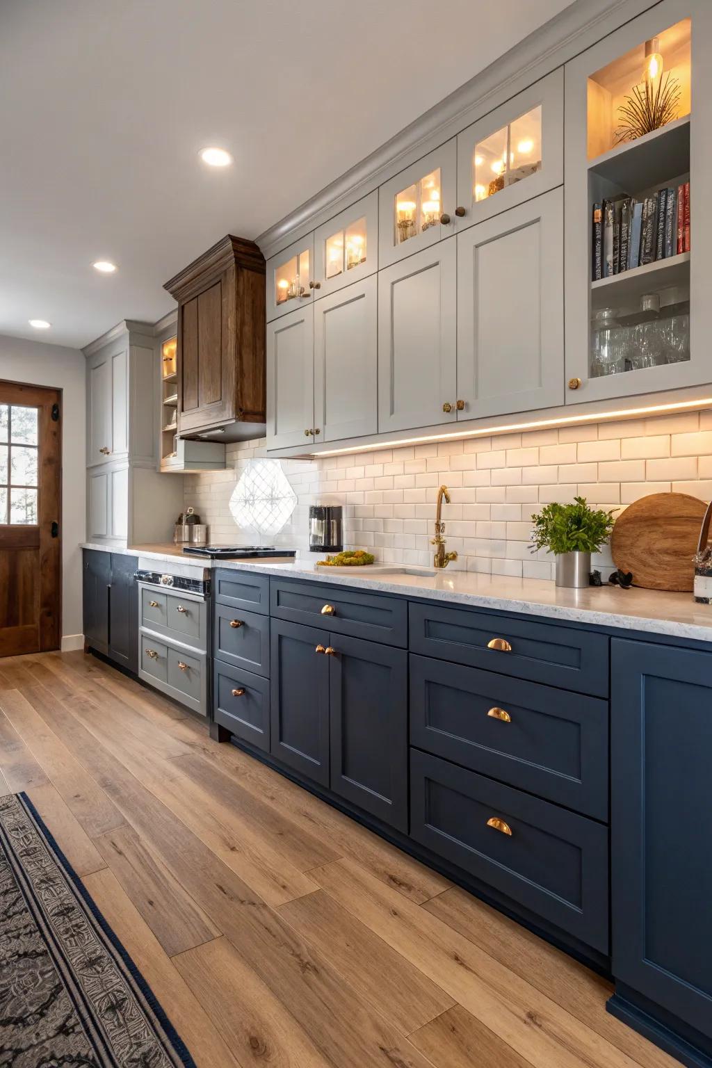 A navy and gray kitchen that's both elegant and calming.