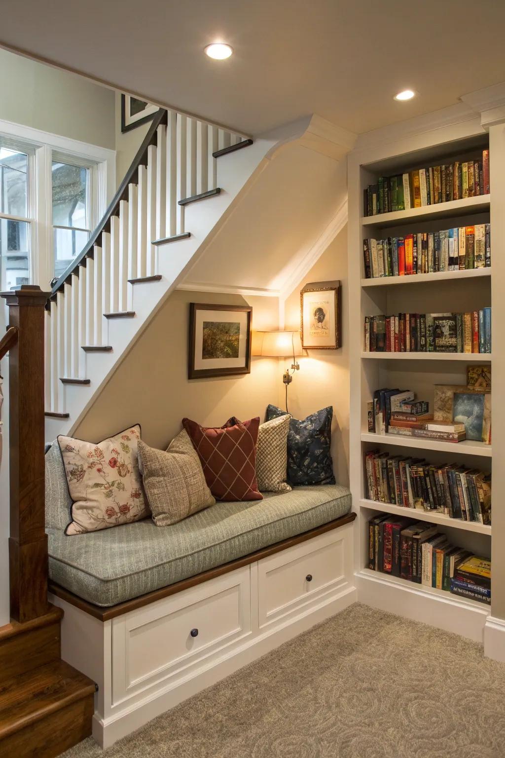 A comfortable reading nook tucked away beneath the stairs for quiet times.