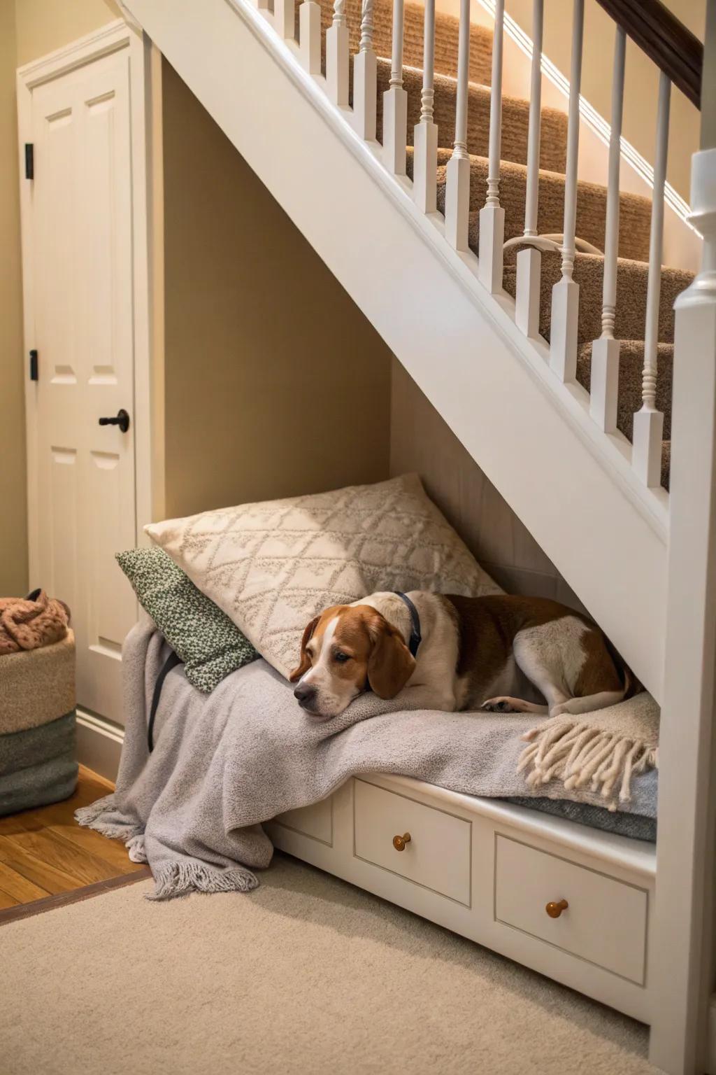 A cozy bed turns the under-stairs area into a place where your pet feels right at home.
