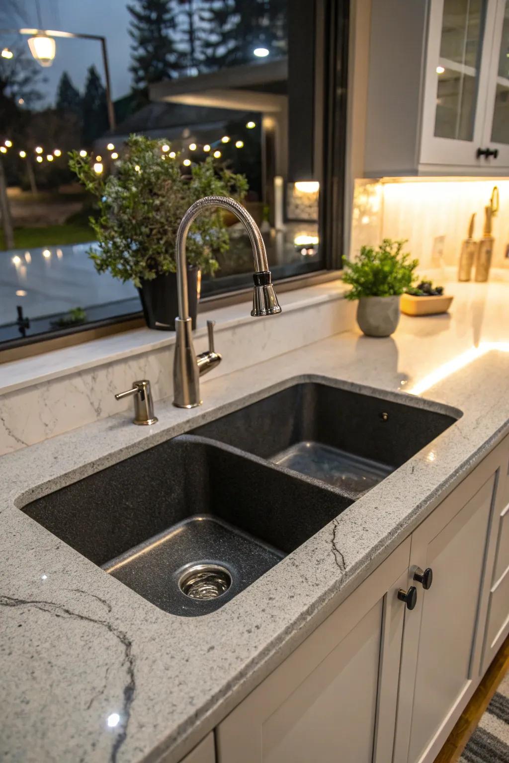 A stone-like undermount sink adding a luxurious touch to a kitchen.