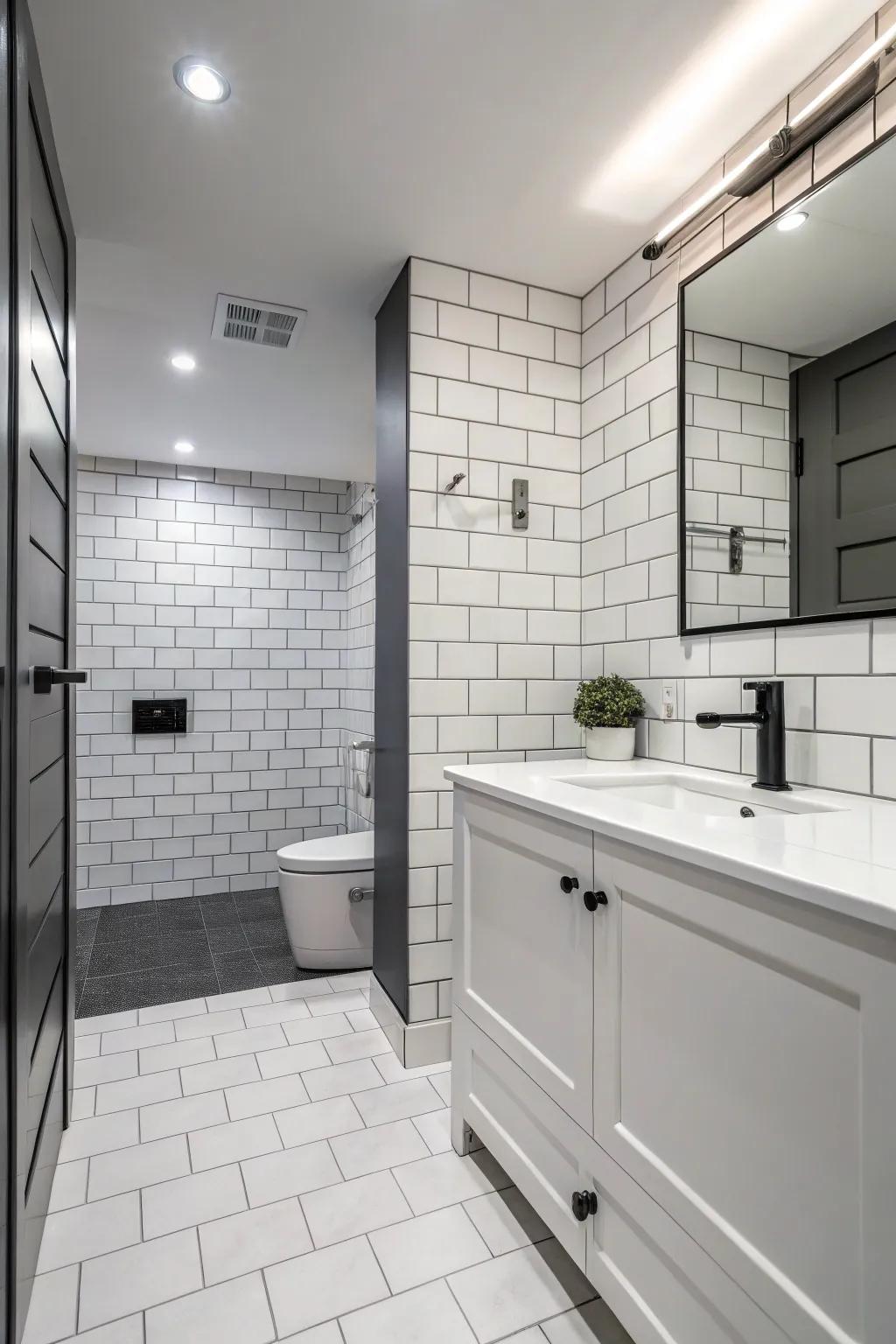 A calming monochrome palette enhances the space.