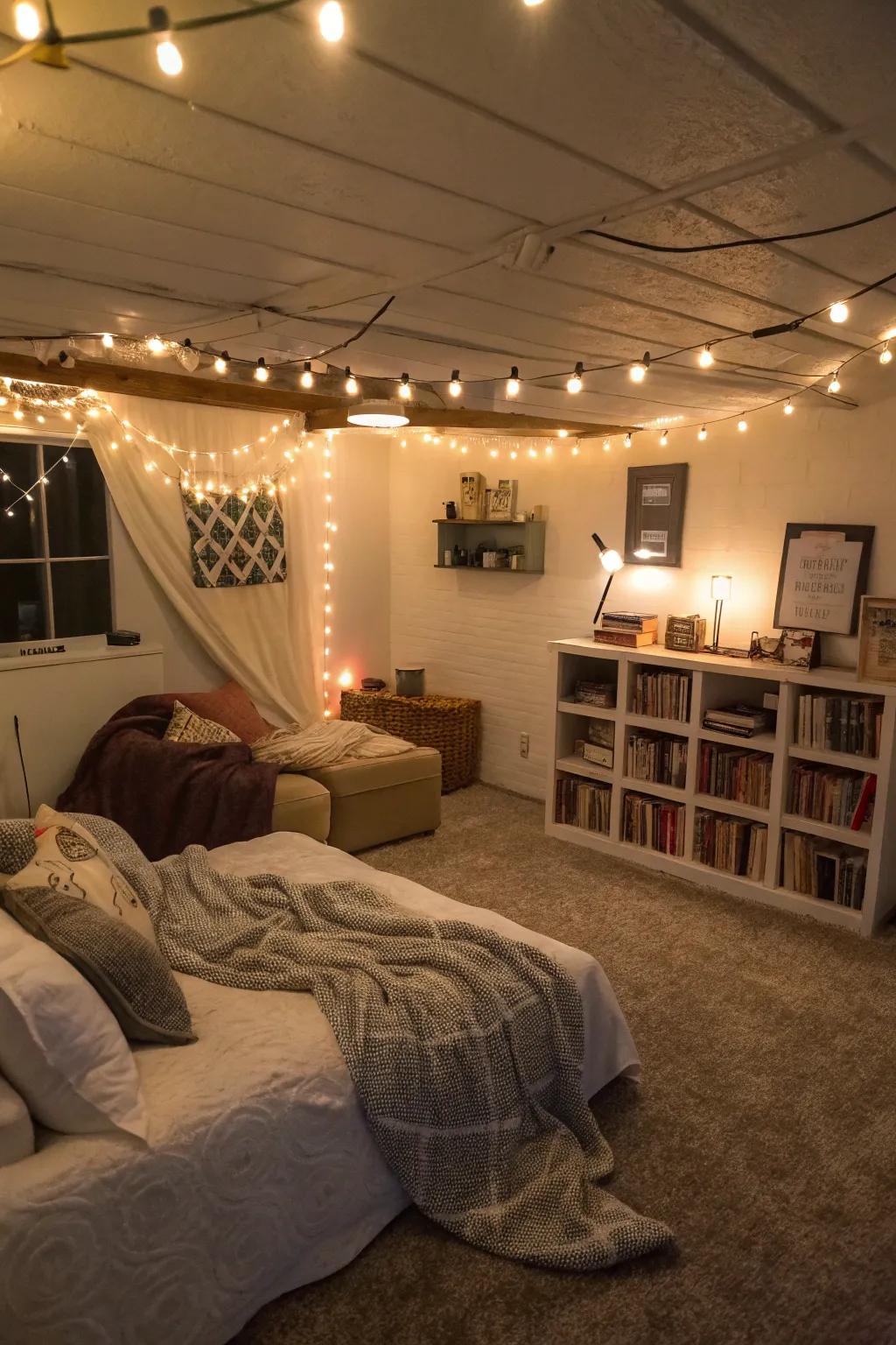 Use soft lighting to transform your basement bedroom into a snug sanctuary.