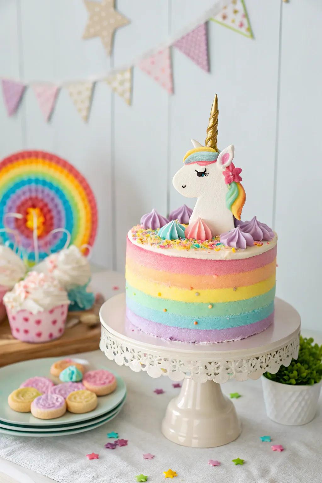 An impressive self-made unicorn cake featuring rainbow frosting.