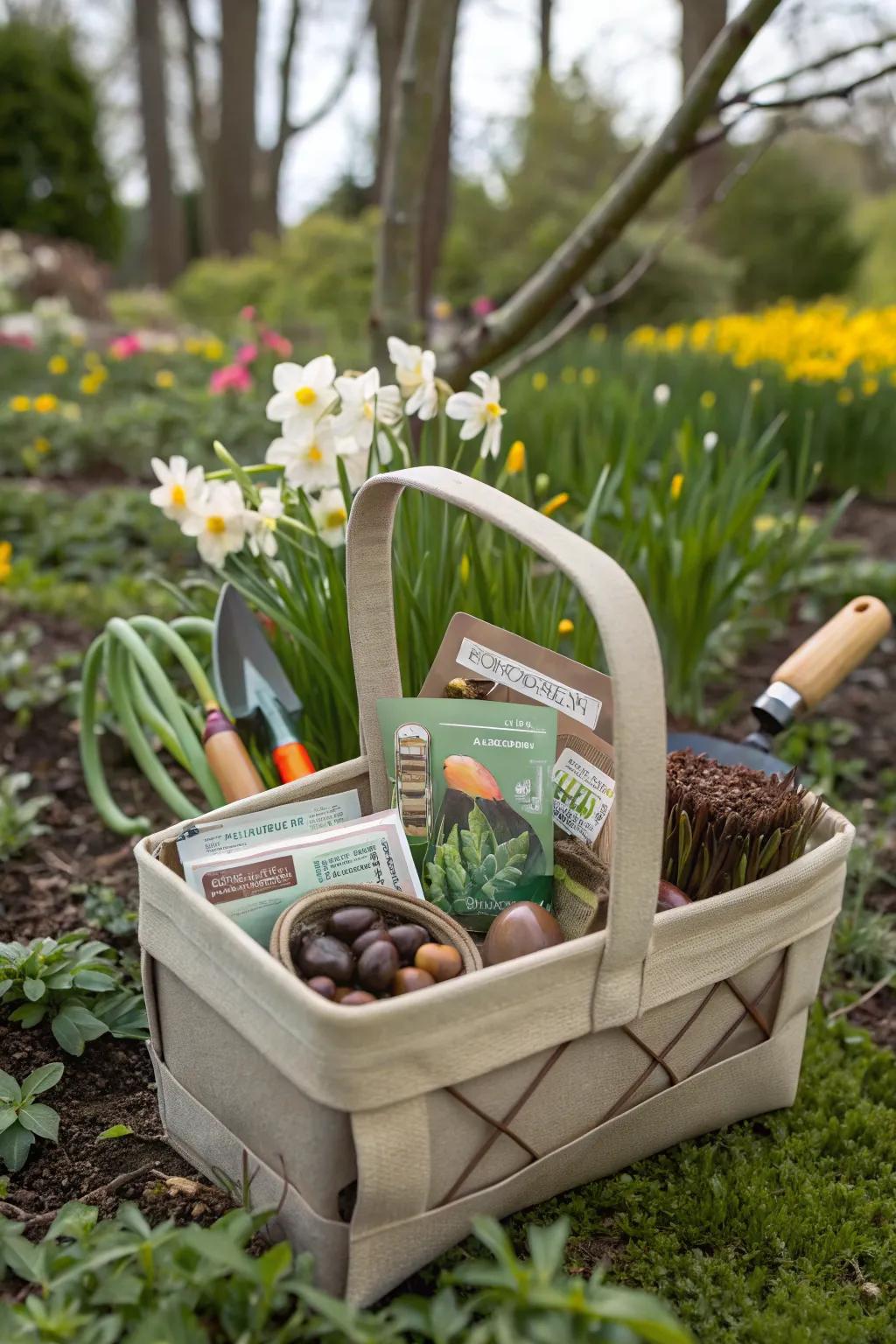 A horticultural carrier brimming with Easter surprises for plant enthusiasts.