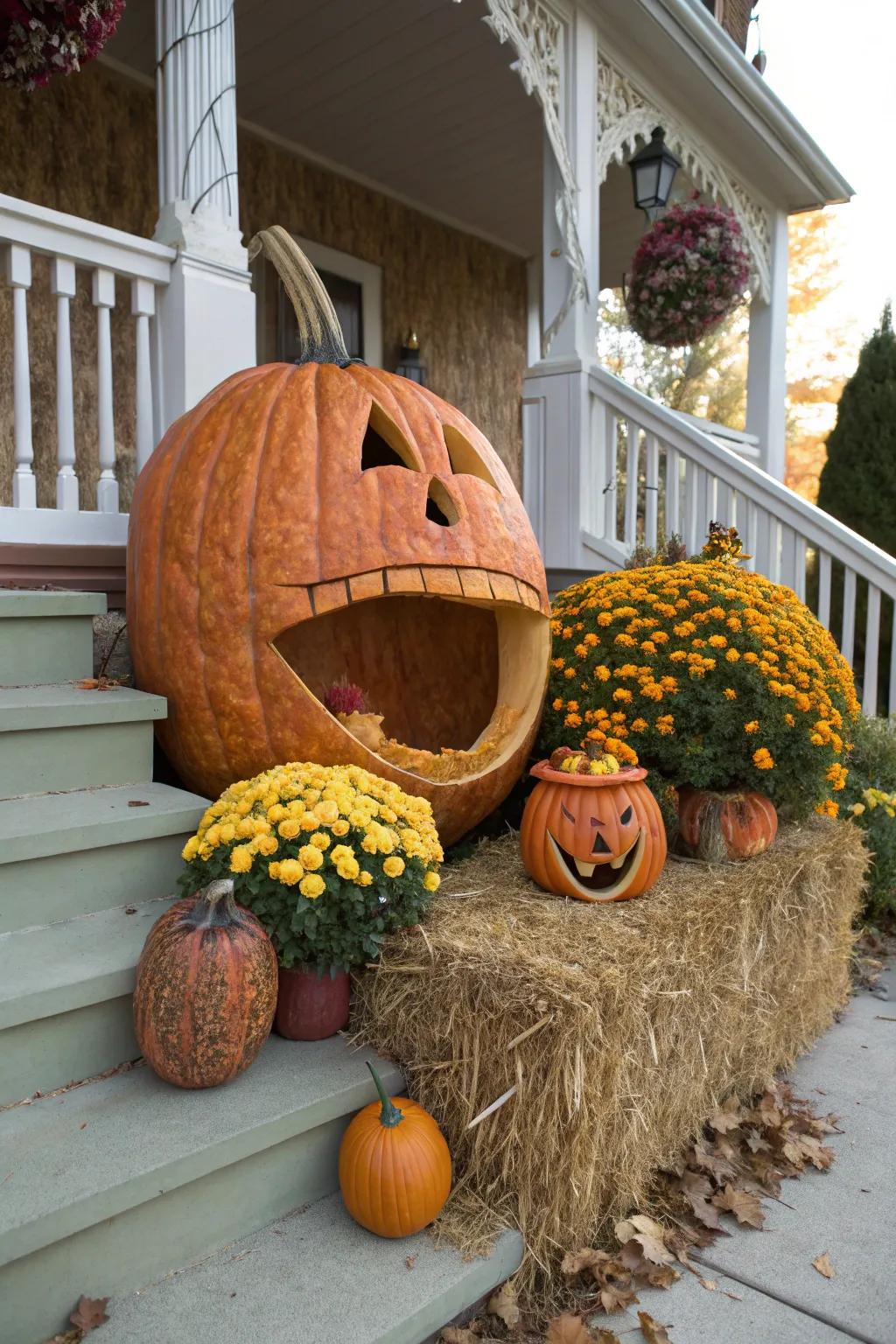 A whimsical display showcasing a pumpkin playfully 'devouring' another.