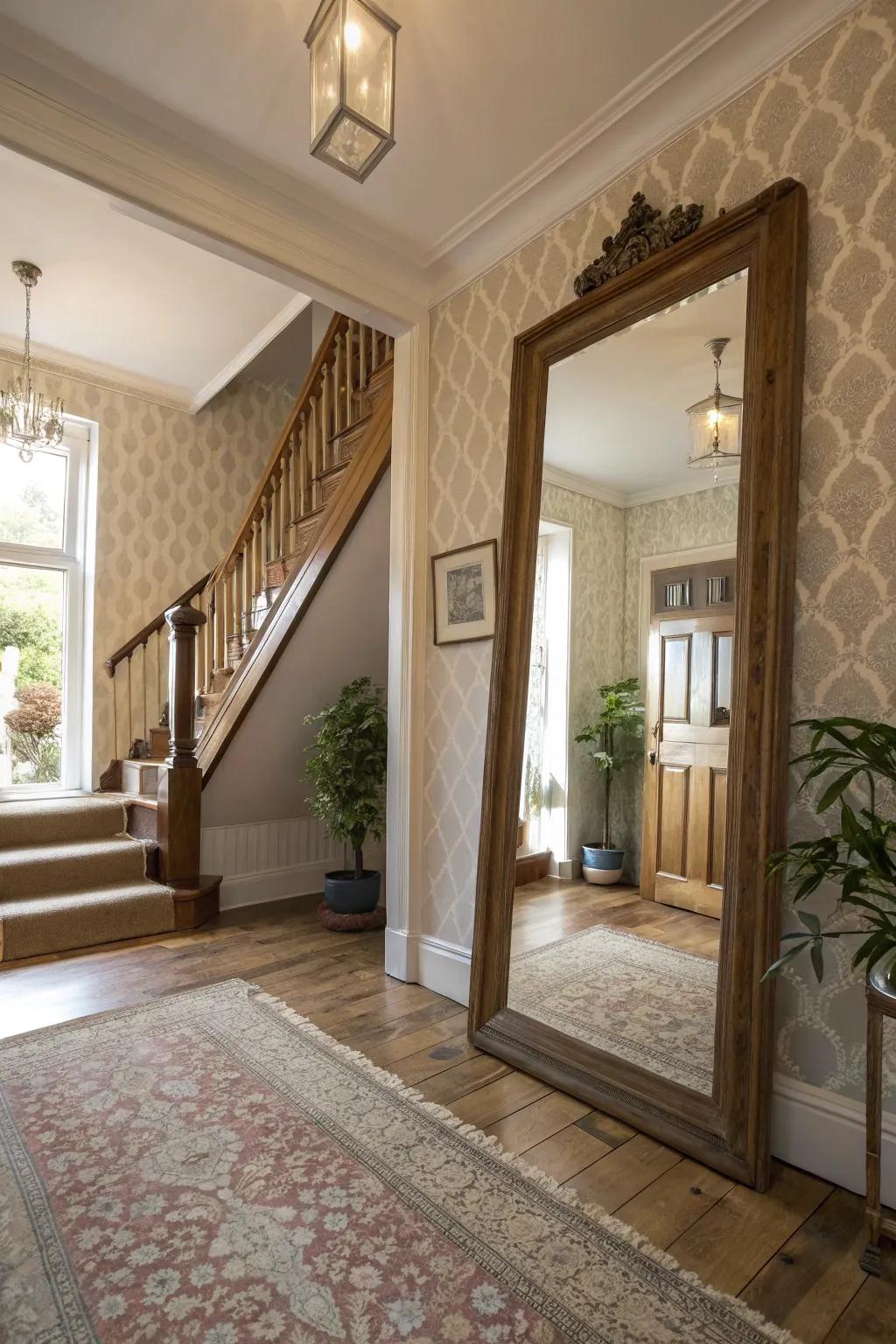 A statement mirror enhances light and style in an upstairs landing.