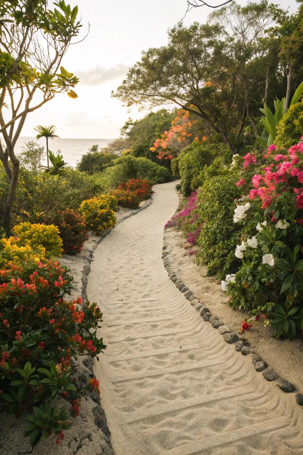 Sand walkways contribute a rustic charm that’s great for garden ambles.