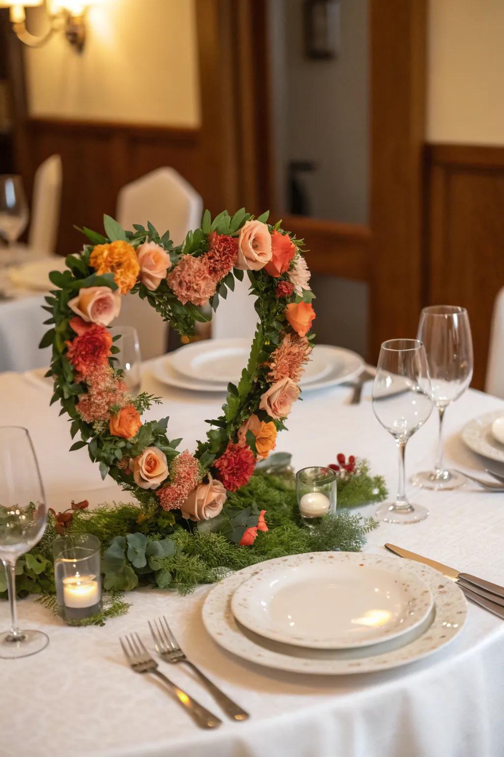 A heart-shaped garland introduces a whimsical appeal to the table.