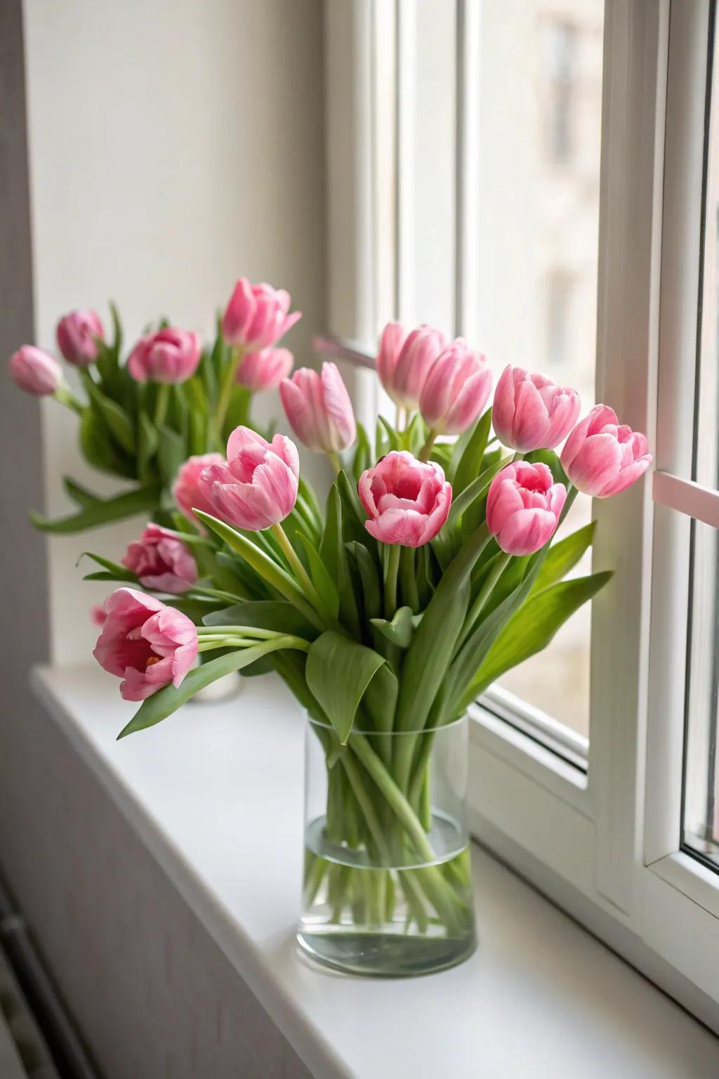 Cheerful rose tulips brightening up a space.
