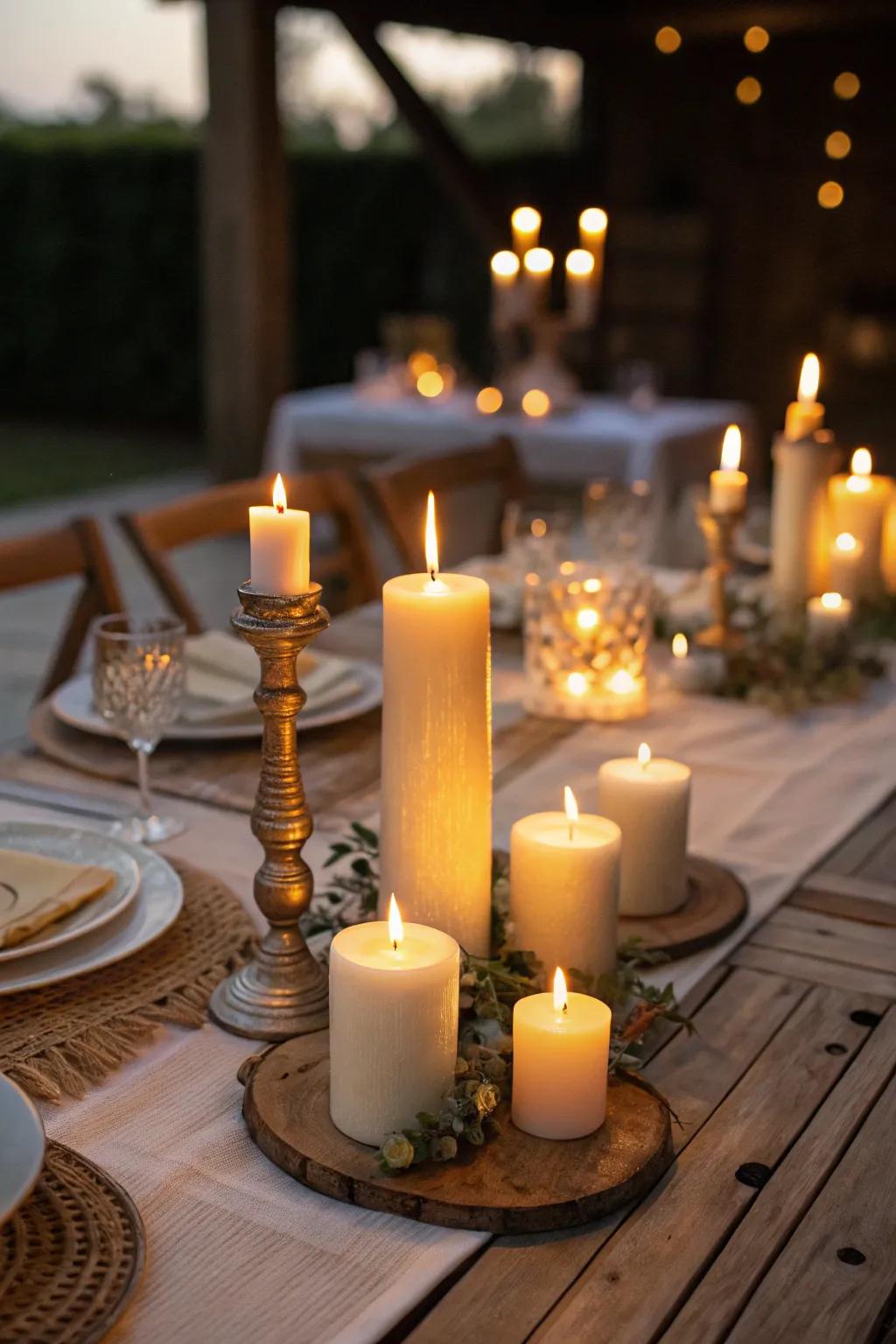 Candles in different sizes create a cozy and romantic glow.