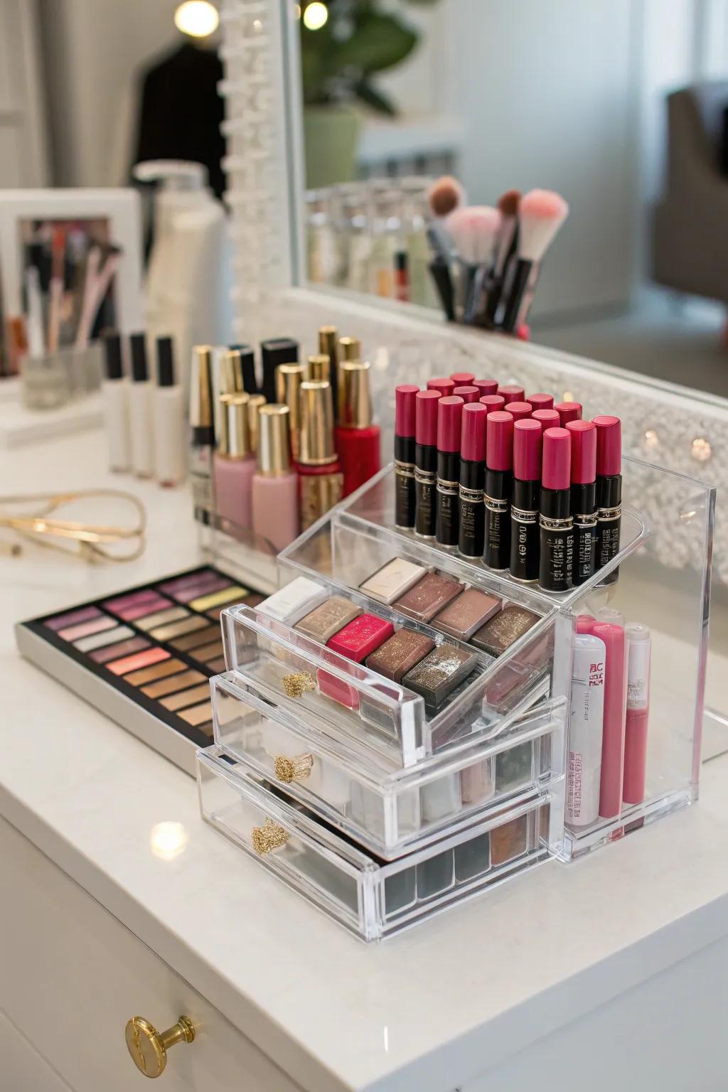 Transparent acrylic organizers keep your vanity neat and trendy.