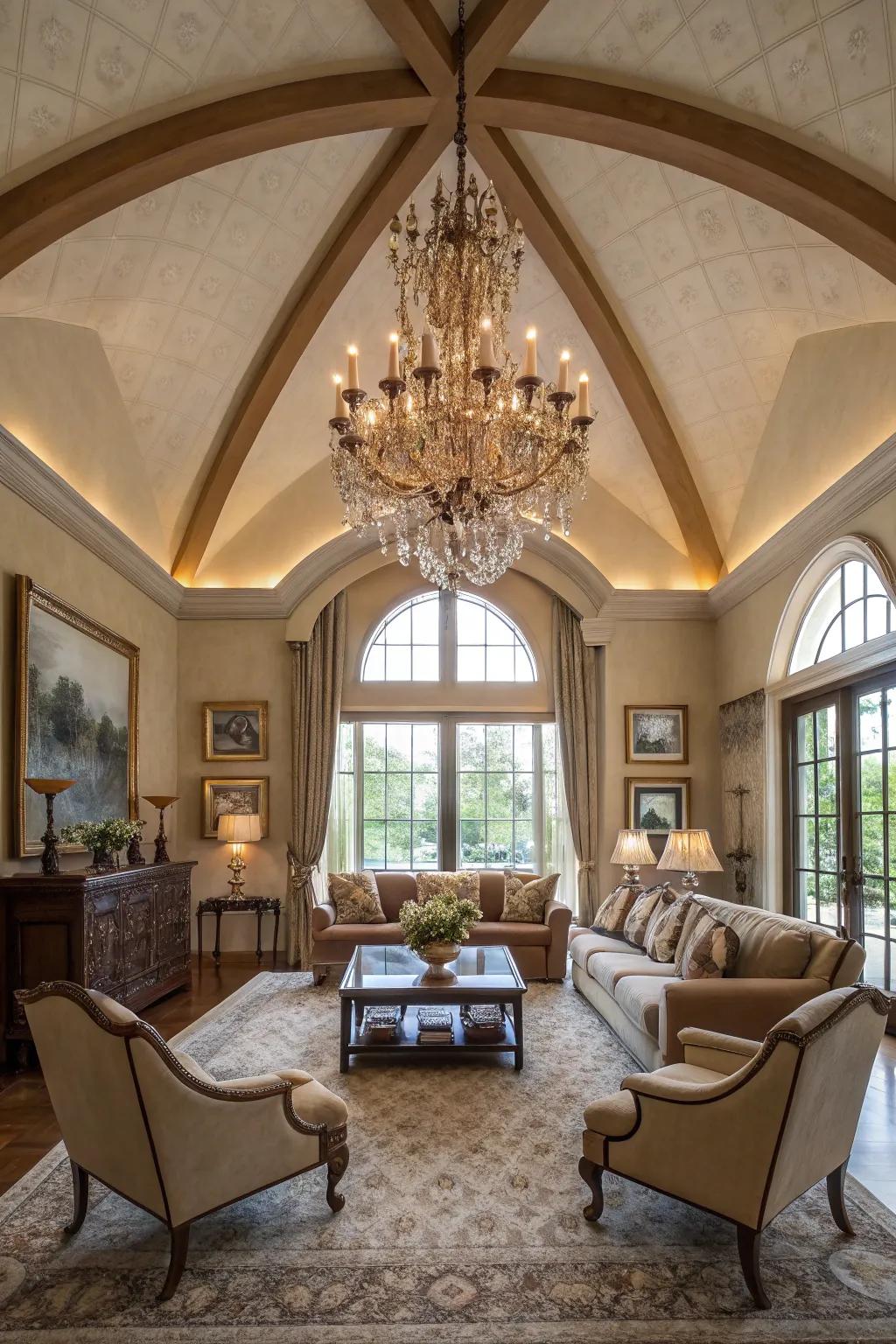 A chandelier acts as a captivating centerpiece below a vaulted ceiling.
