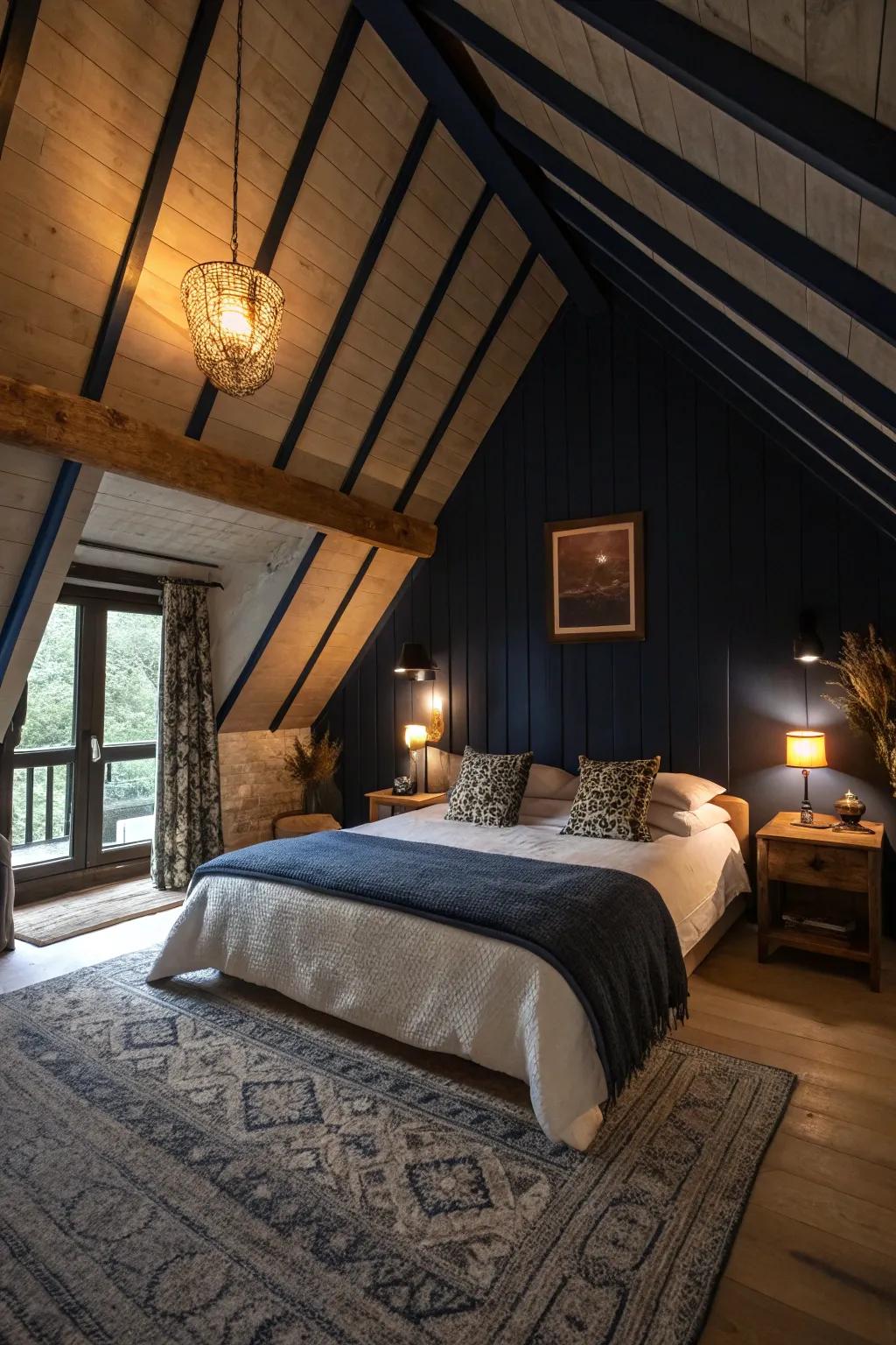 A deep-colored vaulted ceiling enriches a room and introduces an element of coziness to a bedroom.
