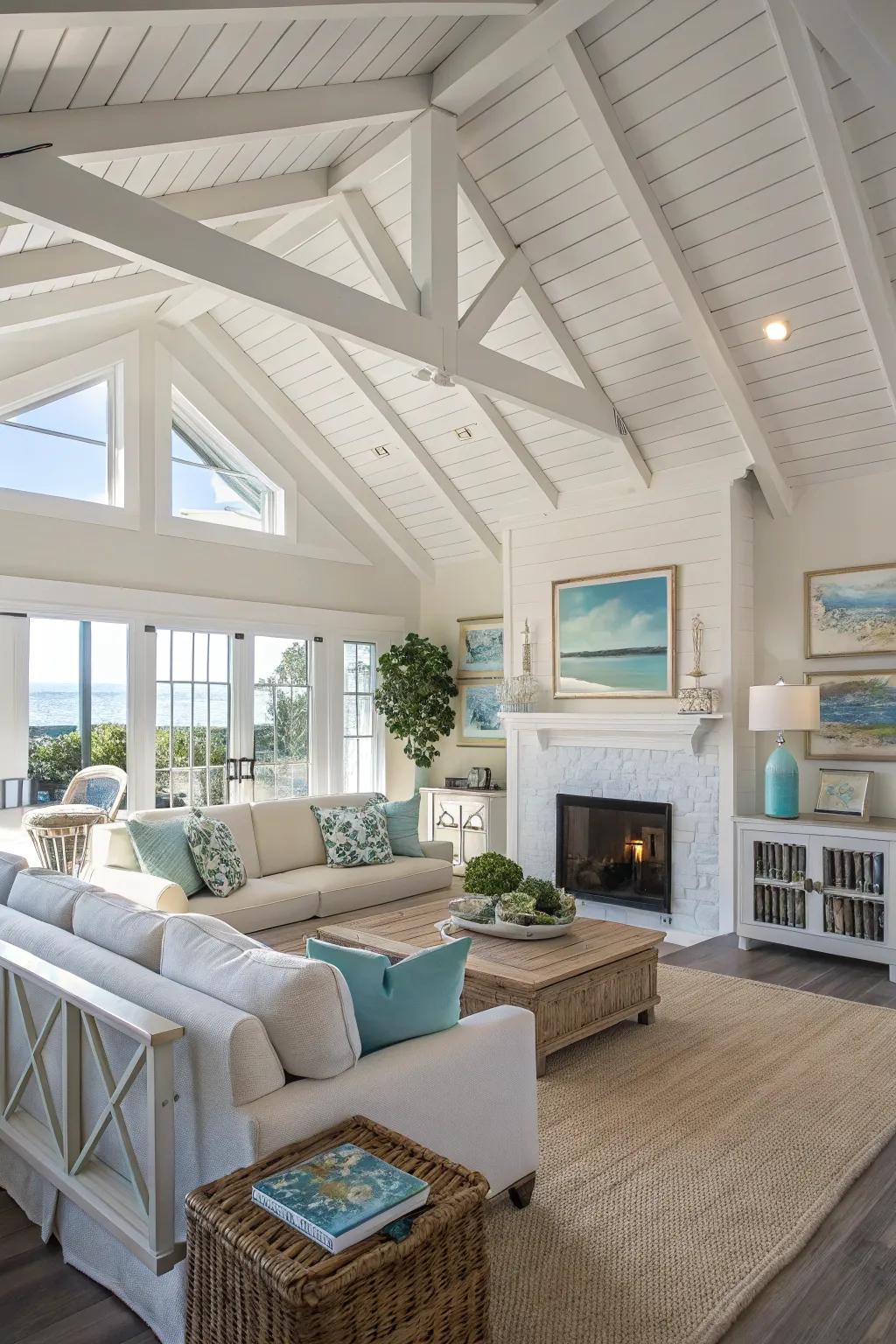 A vibrant and spacious area featuring whitened beams, enhancing the vaulted ceiling.