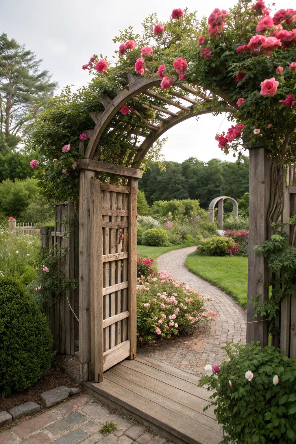 A curved arbor gate adorned with lively blossoms.