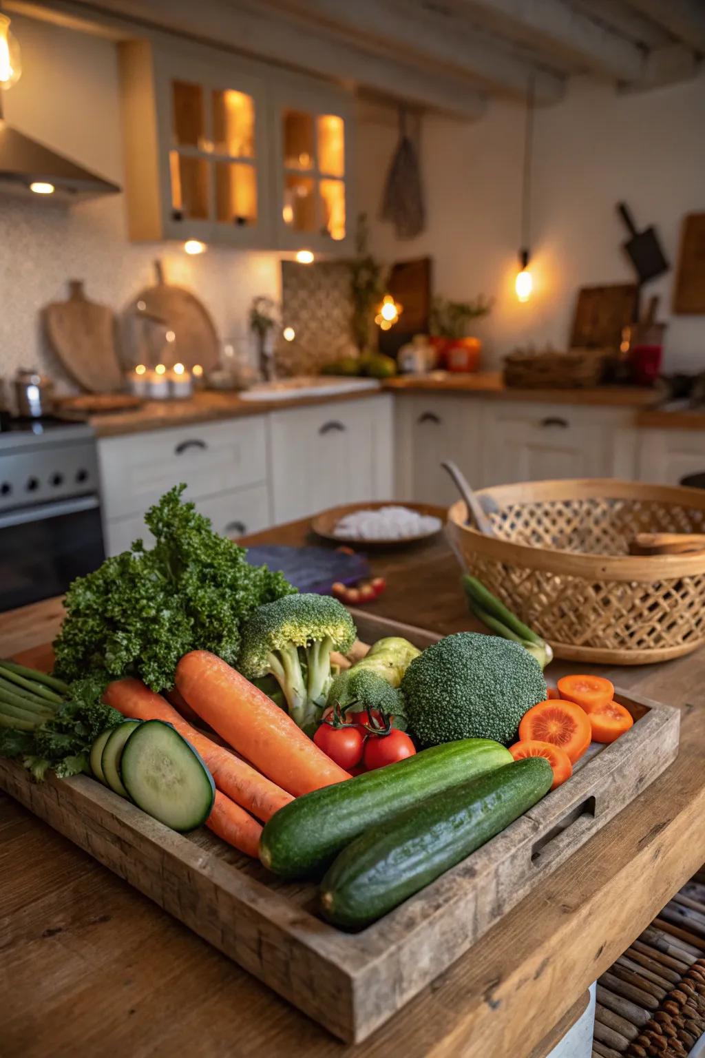 Veggies displayed on a wooden serving surface.