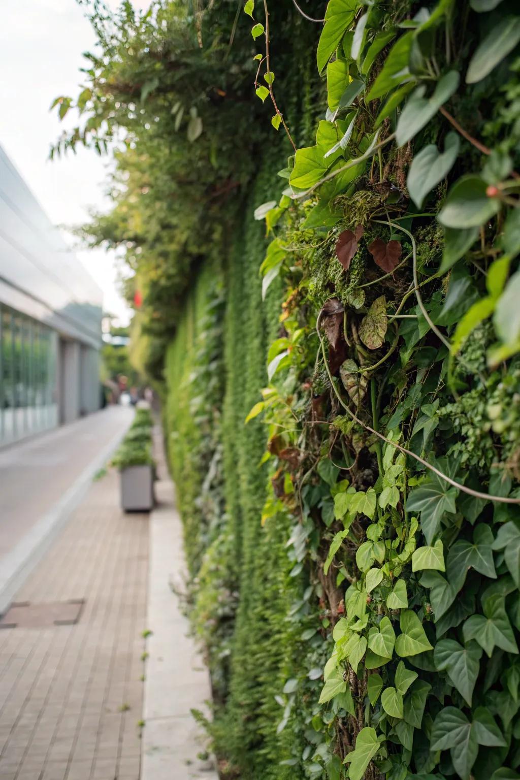 A lively green wall transforms a plain fence into a living work of art.