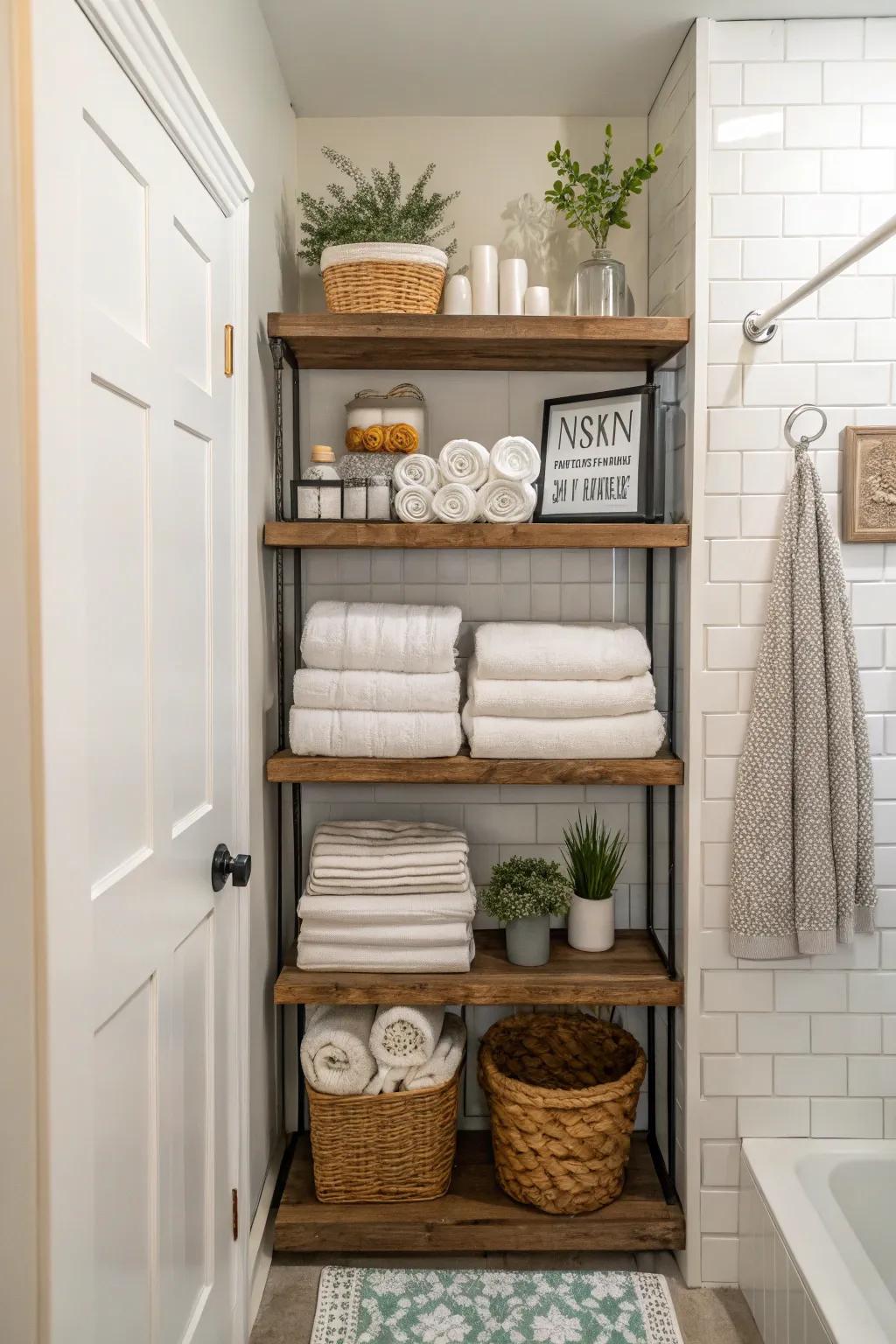 Vertical shelving maximizes storage and keeps things neatly organized.