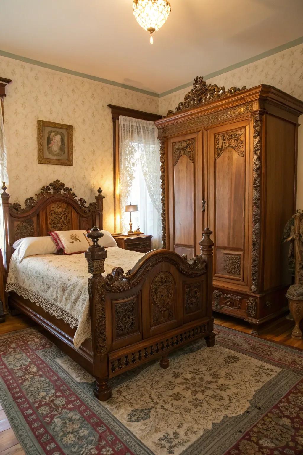 Sophisticated vintage furniture gives a sense of authenticity to a vintage bedroom.