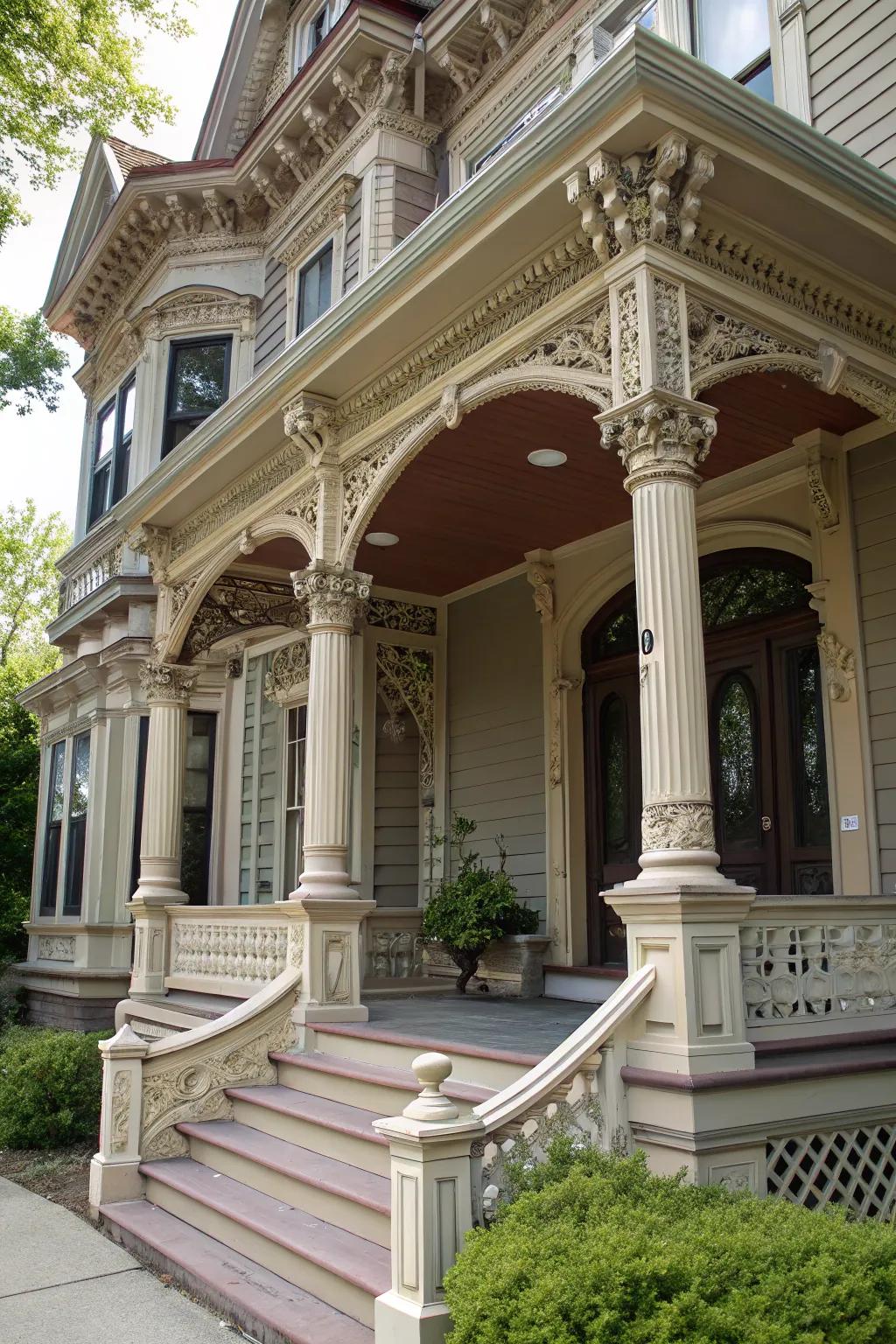 Stately supports and pillars beautifully frame this Victorian entrance.