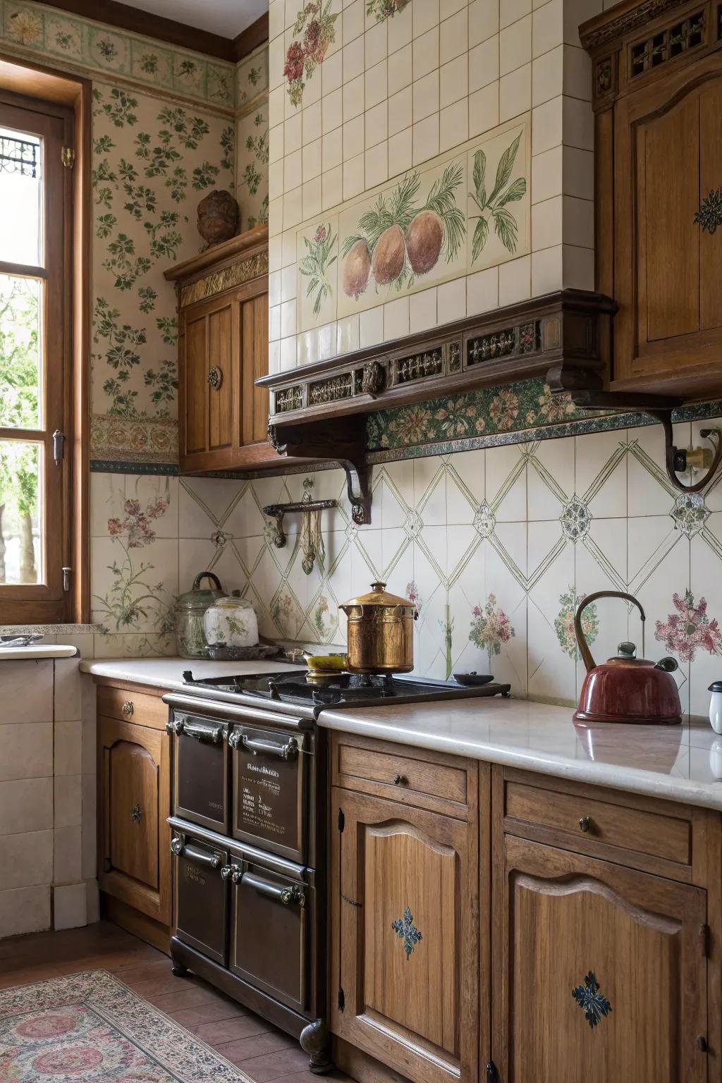 A traditional backsplash with botanical tiles radiates Victorian charm.