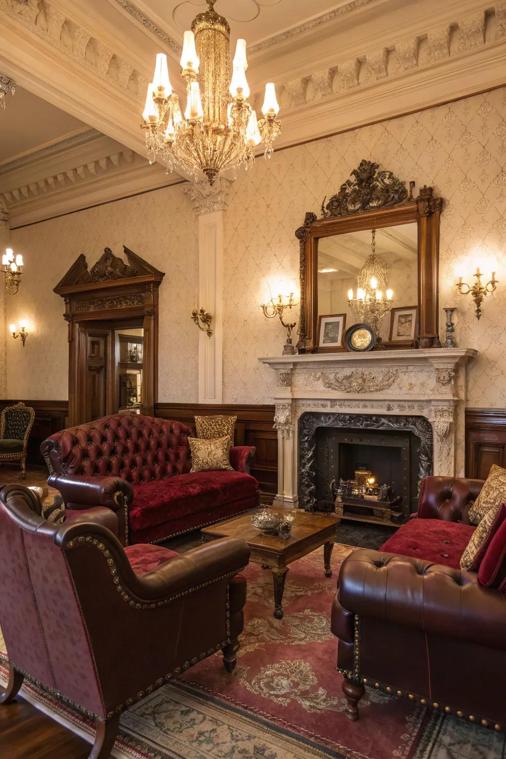 Luxurious plush and animal hide fabrics render this Victorian lounge area a palpable delight.