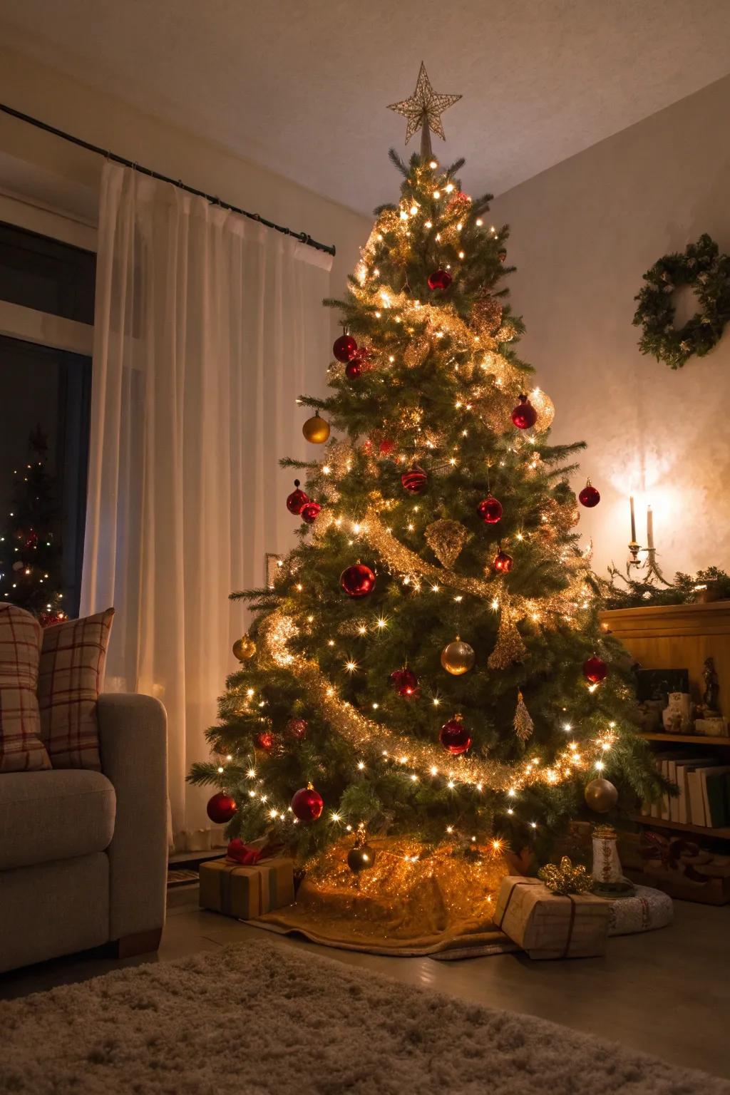 A shimmering Christmas tree embellished with vintage sparkle.