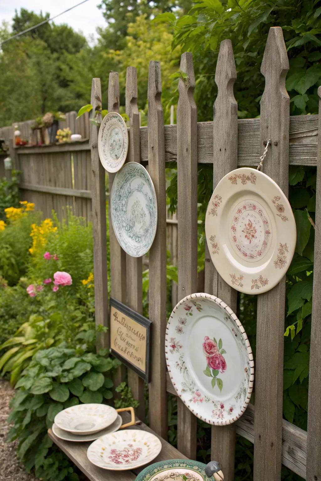 Suspend vintage ornamental pieces for a distinctive garden feature.