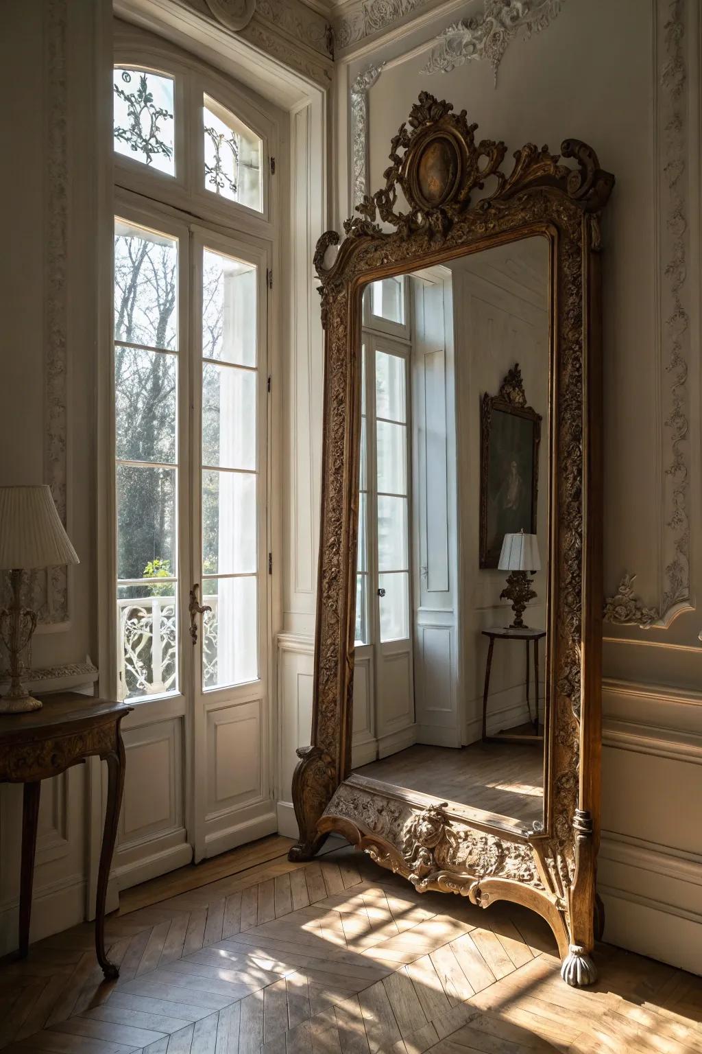 Decorative mirrors bring vintage elegance.