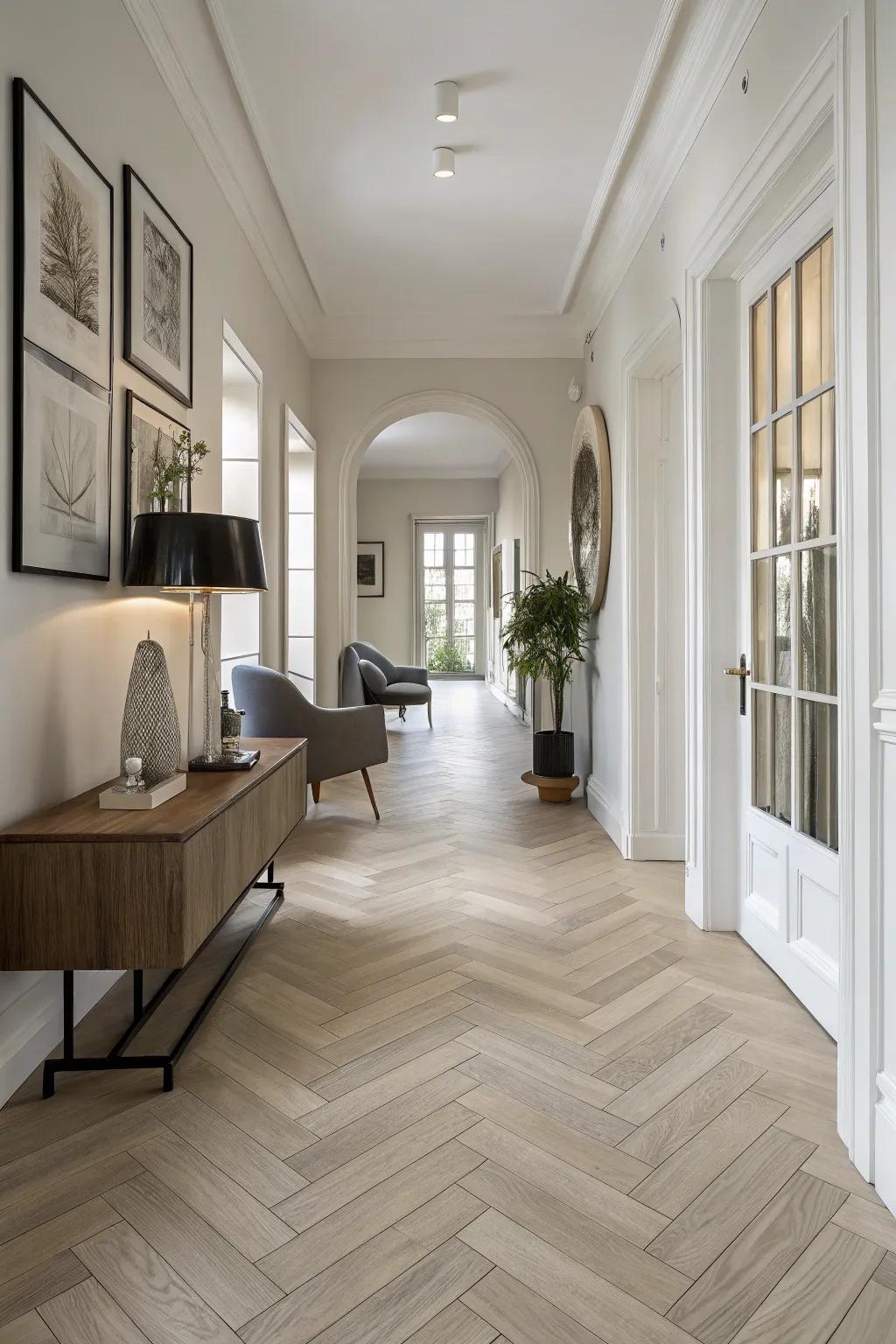 A classic herringbone arrangement enhances any setting.