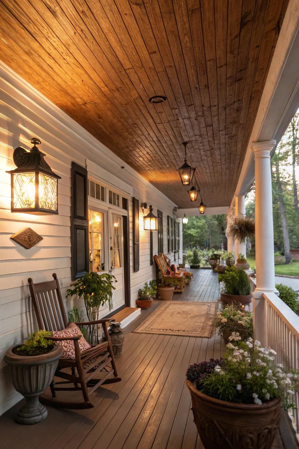 Wood-look vinyl ceilings introduce a cozy, rustic charm to any porch.