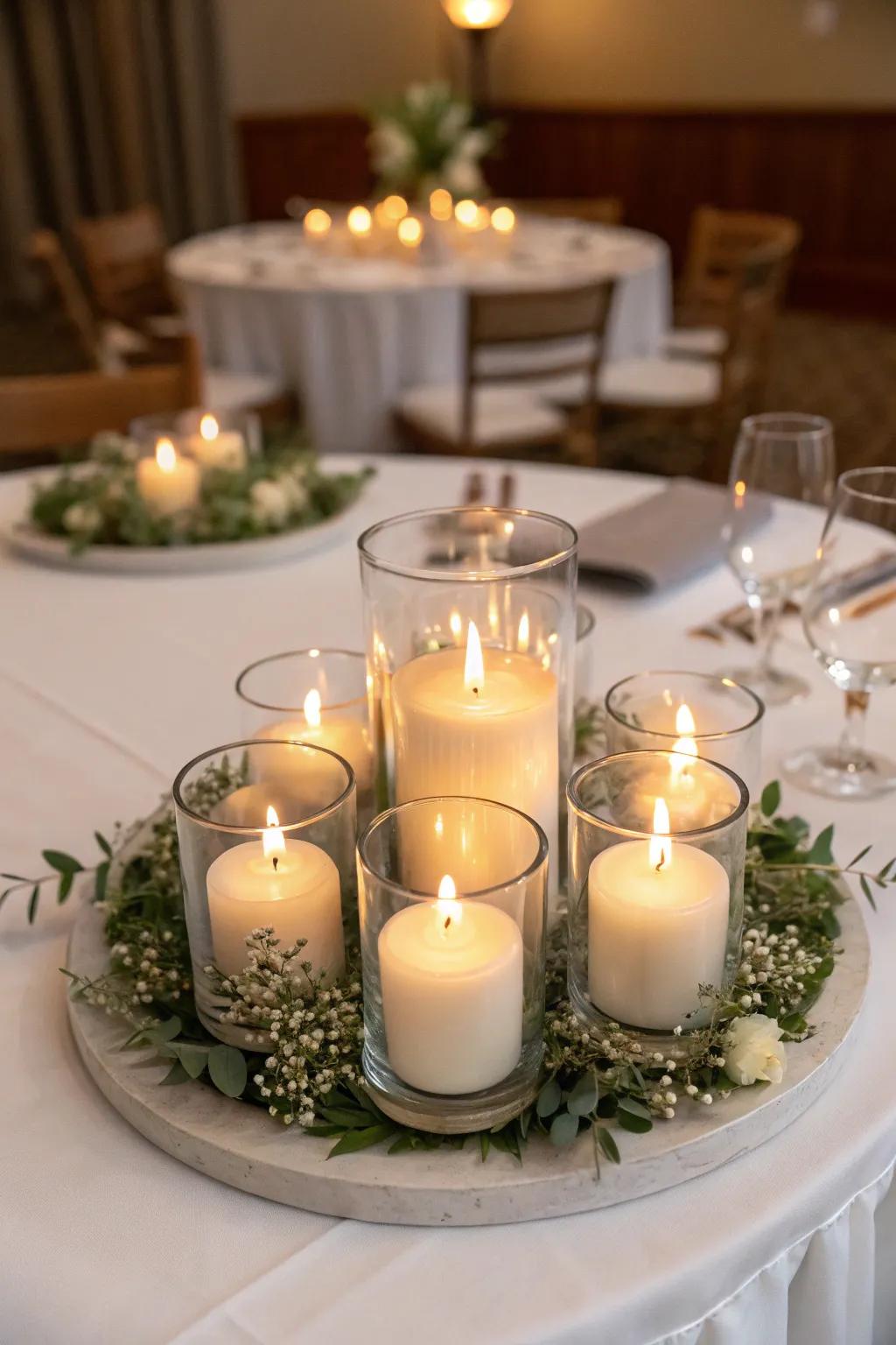 Glass votive stands showcase the charm of flickering candlelight.
