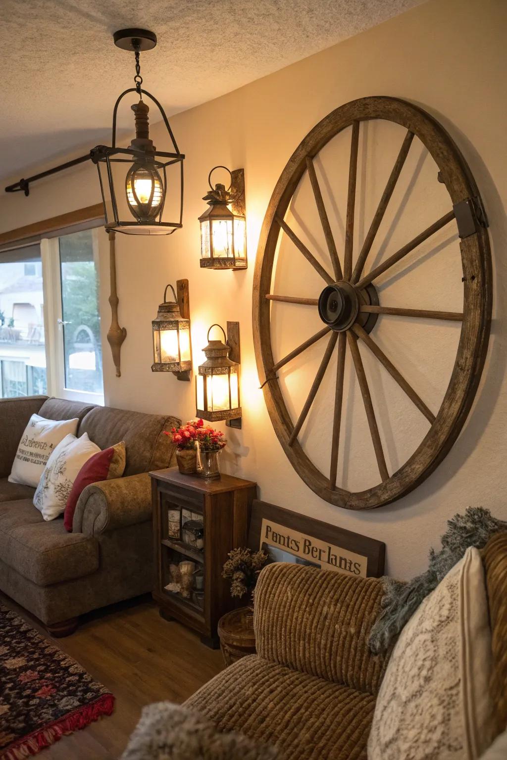 A cart wheel serving as countryside wall decor, enhanced by surrounding classic lights.