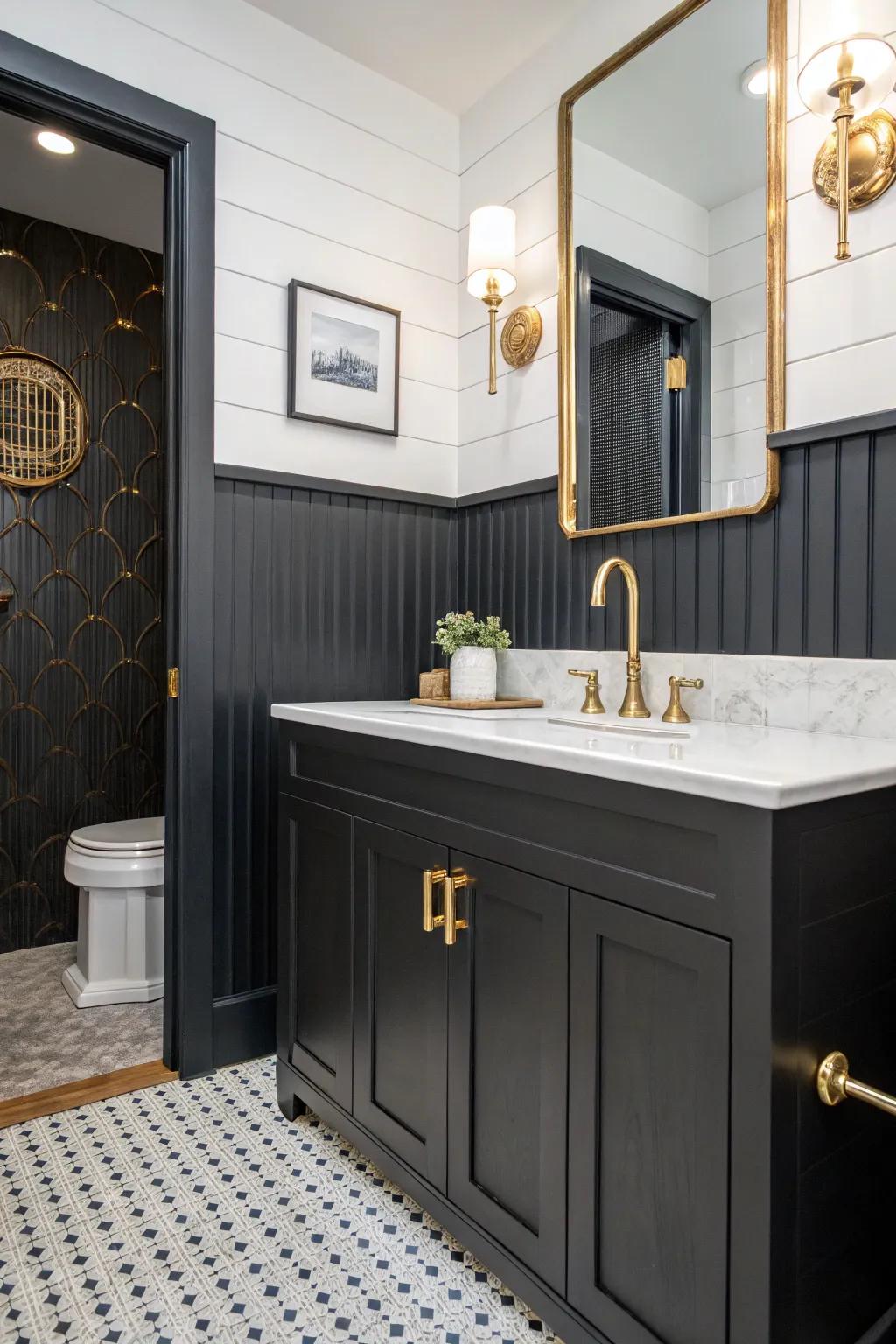 Shiplap wainscoting enhances your bathroom with modern sophistication.