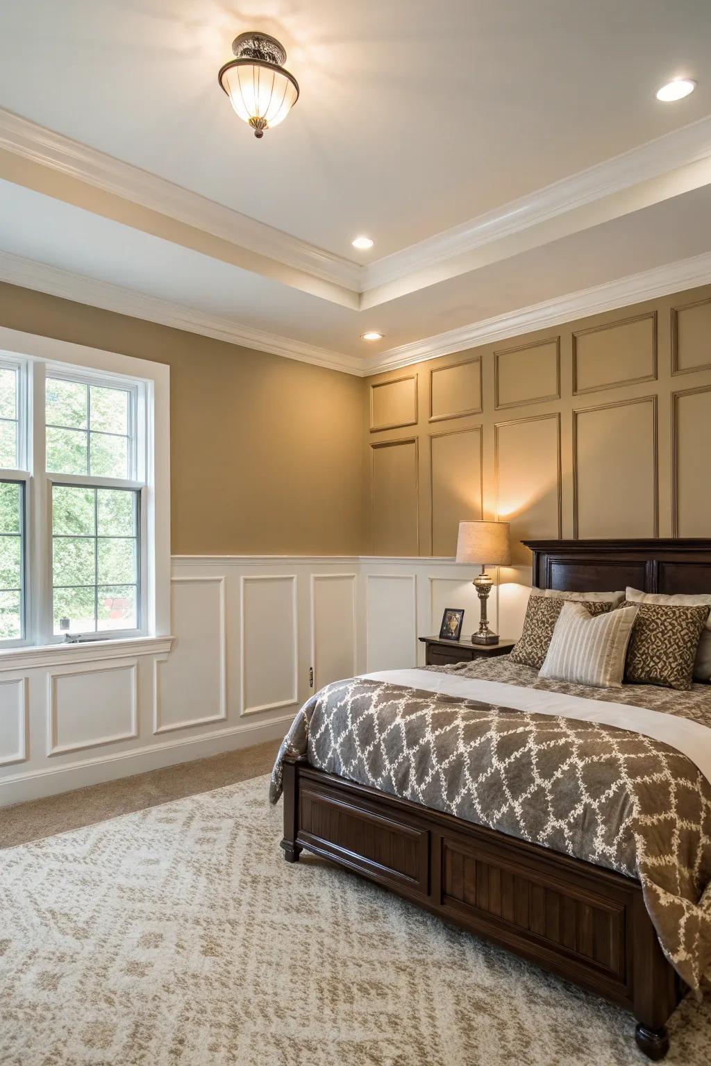 Dual-tone wainscoting enriches spaces with sophistication and visual depth.