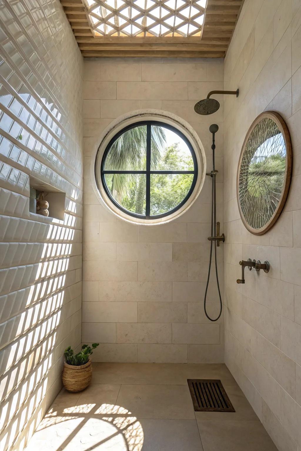 A charming circular window in a walk-in shower, enhancing the architectural interest and natural light.