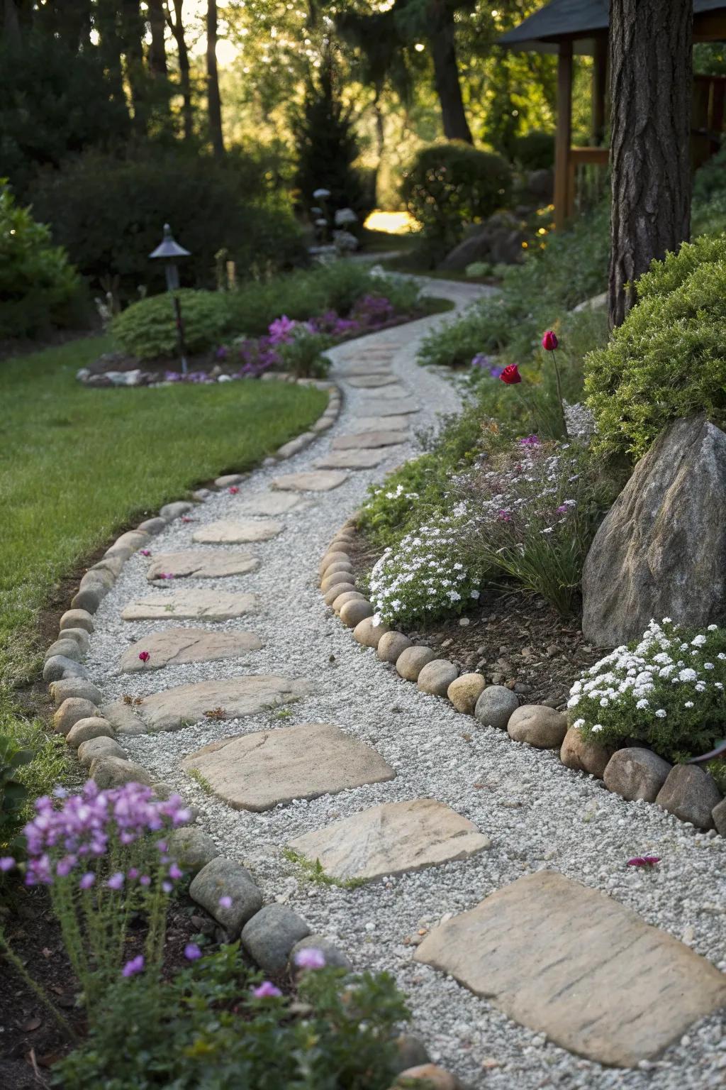 Gravel and small stones create a charming, down-to-earth garden path.