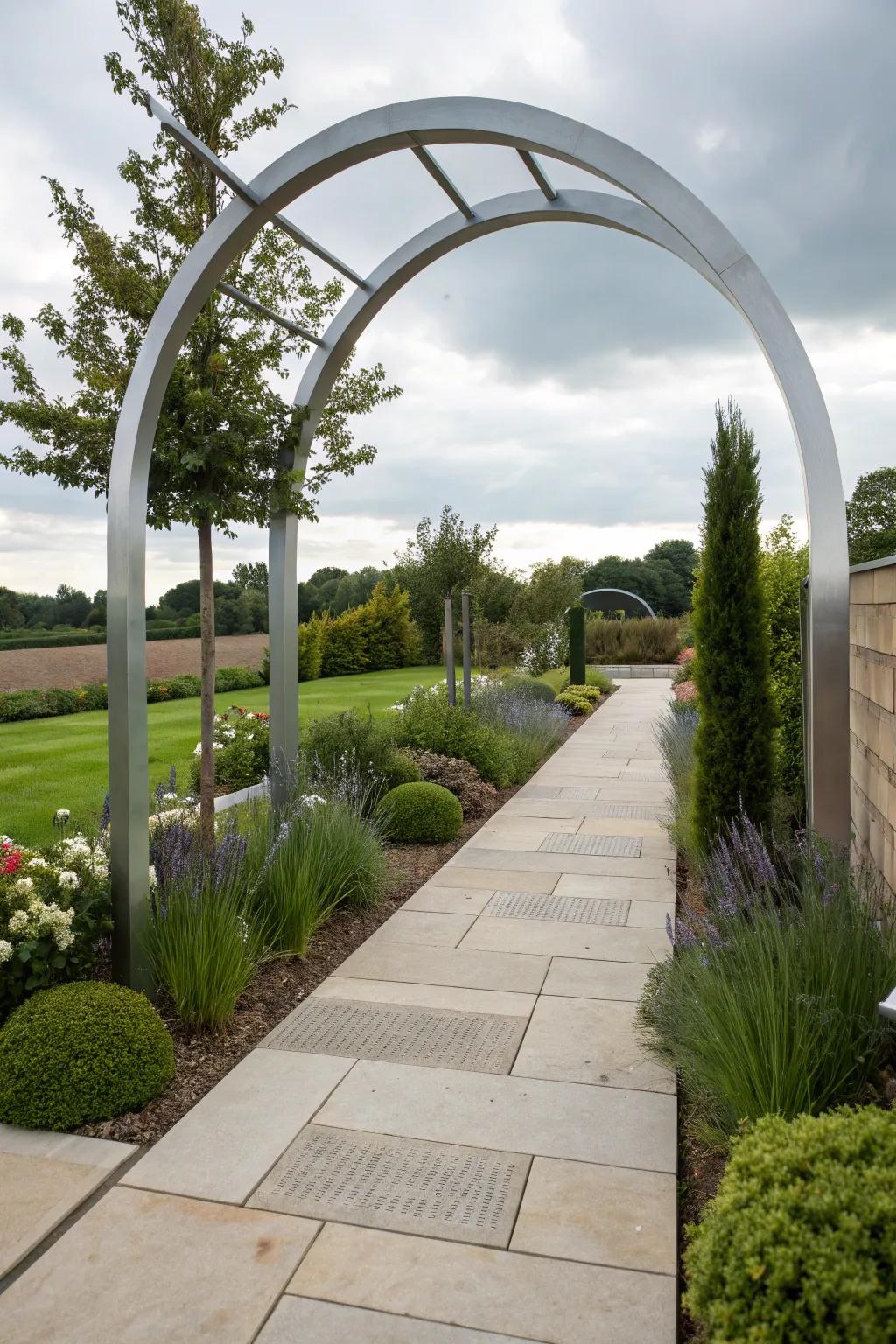 Metal arches deliver a contemporary element through their sleek lines and robustness.