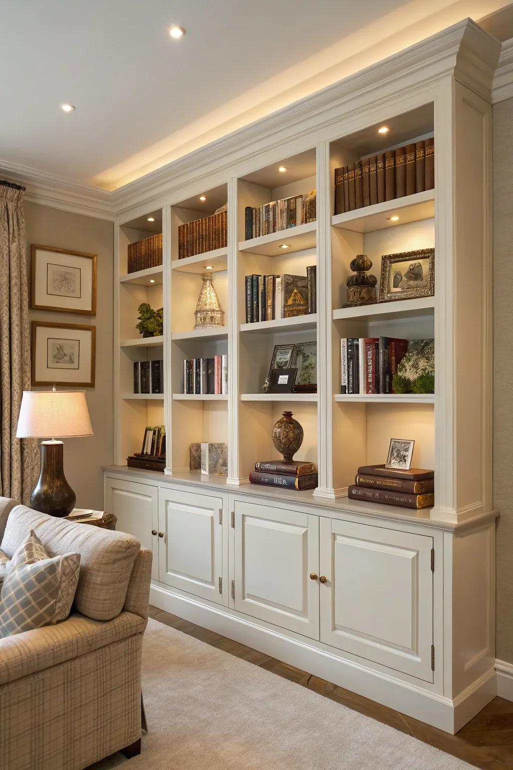 Integrated shelves provide a custom and refined solution for showcasing your cherished book collection.
