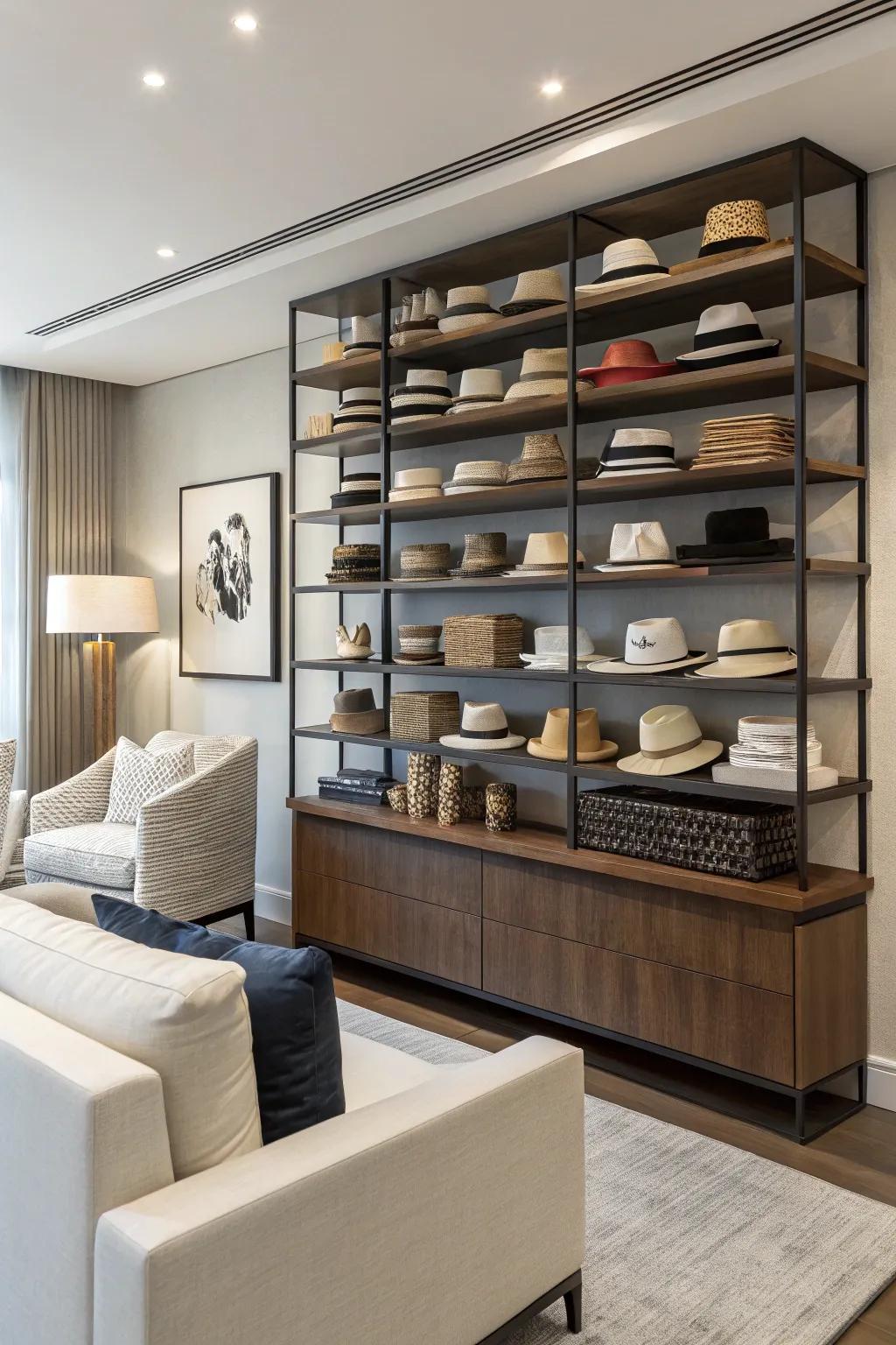 A modern living space featuring a structured hat display on shelving