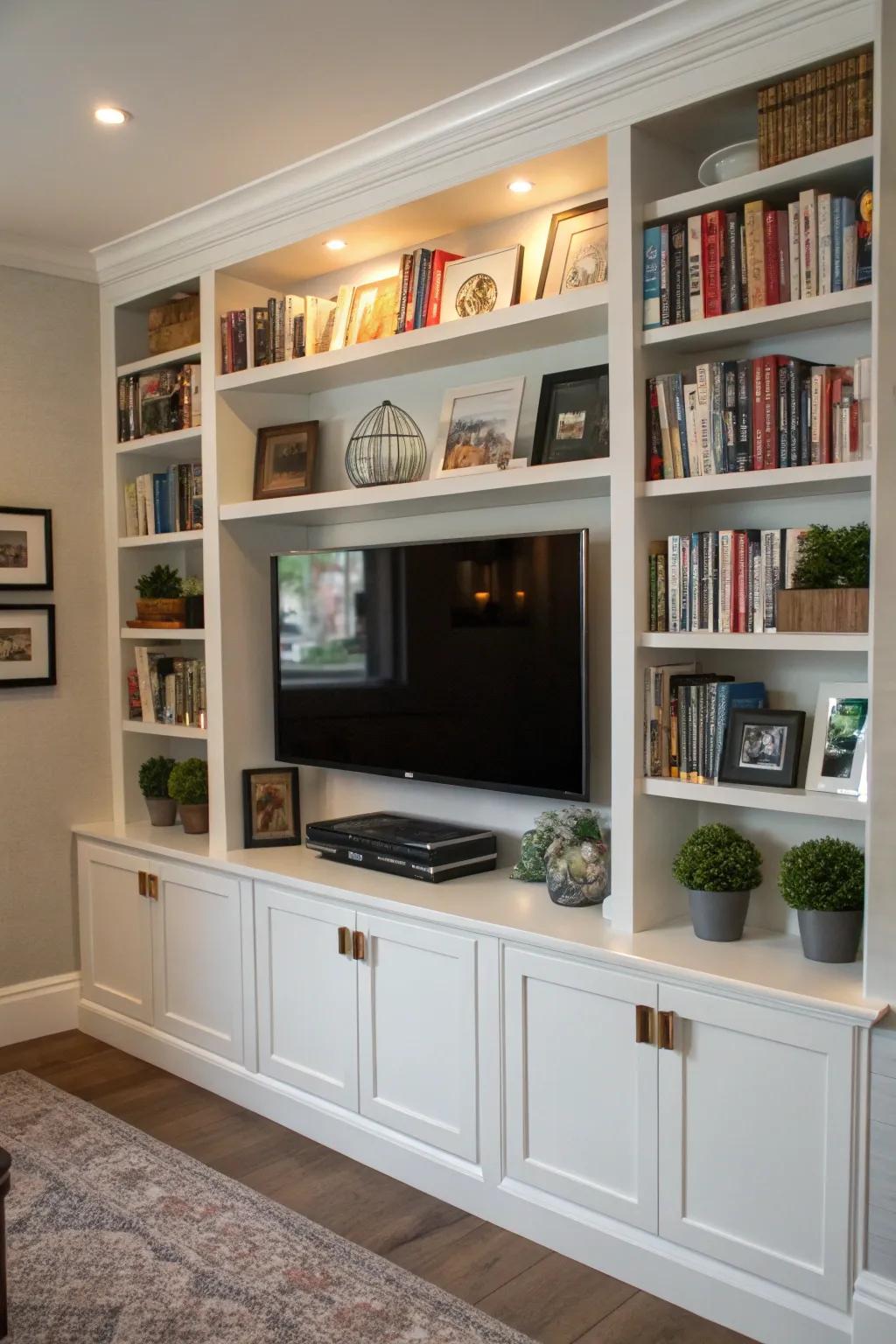 Custom shelving provides a cohesive and functional TV wall.