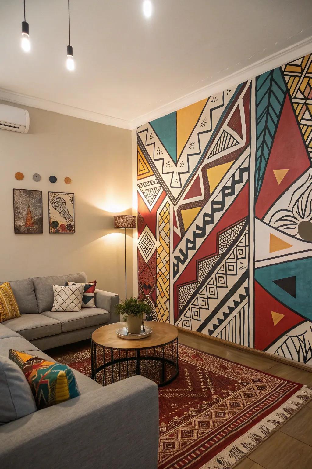 Introduce an artistic vibe to your living area with a bold abstract mural.