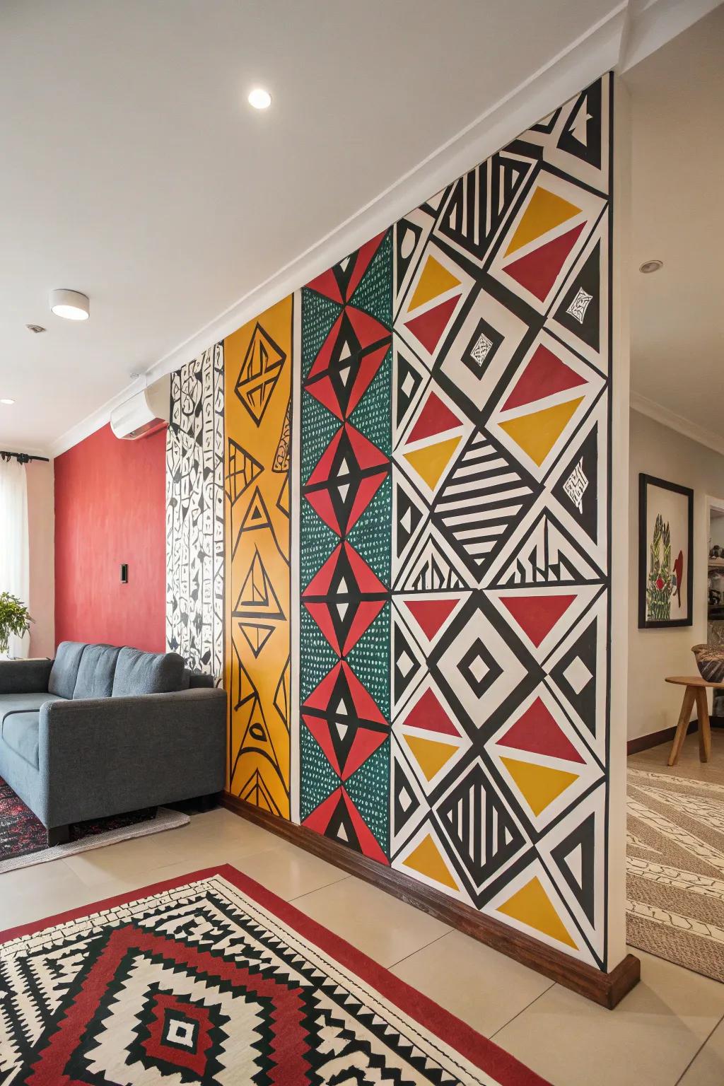 Contemporary geometric patterns displayed on a living room wall.